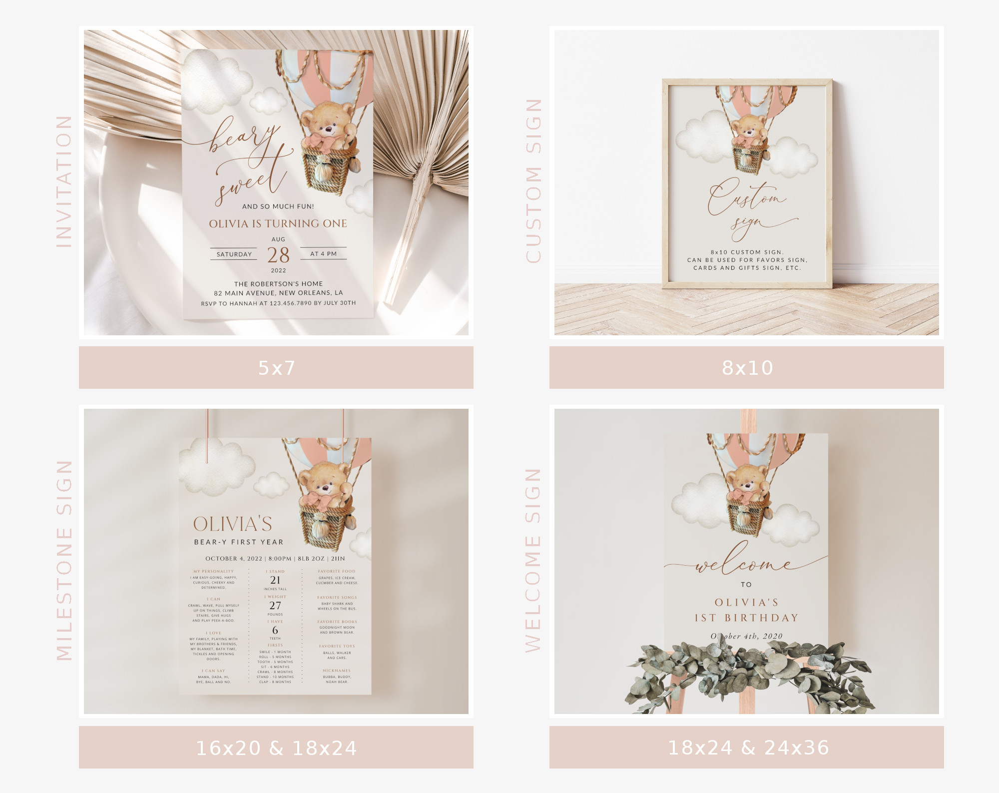 Bear in Pink Balloon First Birthday Bundle, Girl Birthday, Printable File, Edit Yourself, SH82 Bear in Pink Balloon First Birthday Bundle, Girl Birthday, Printable File, Edit Yourself, SH82