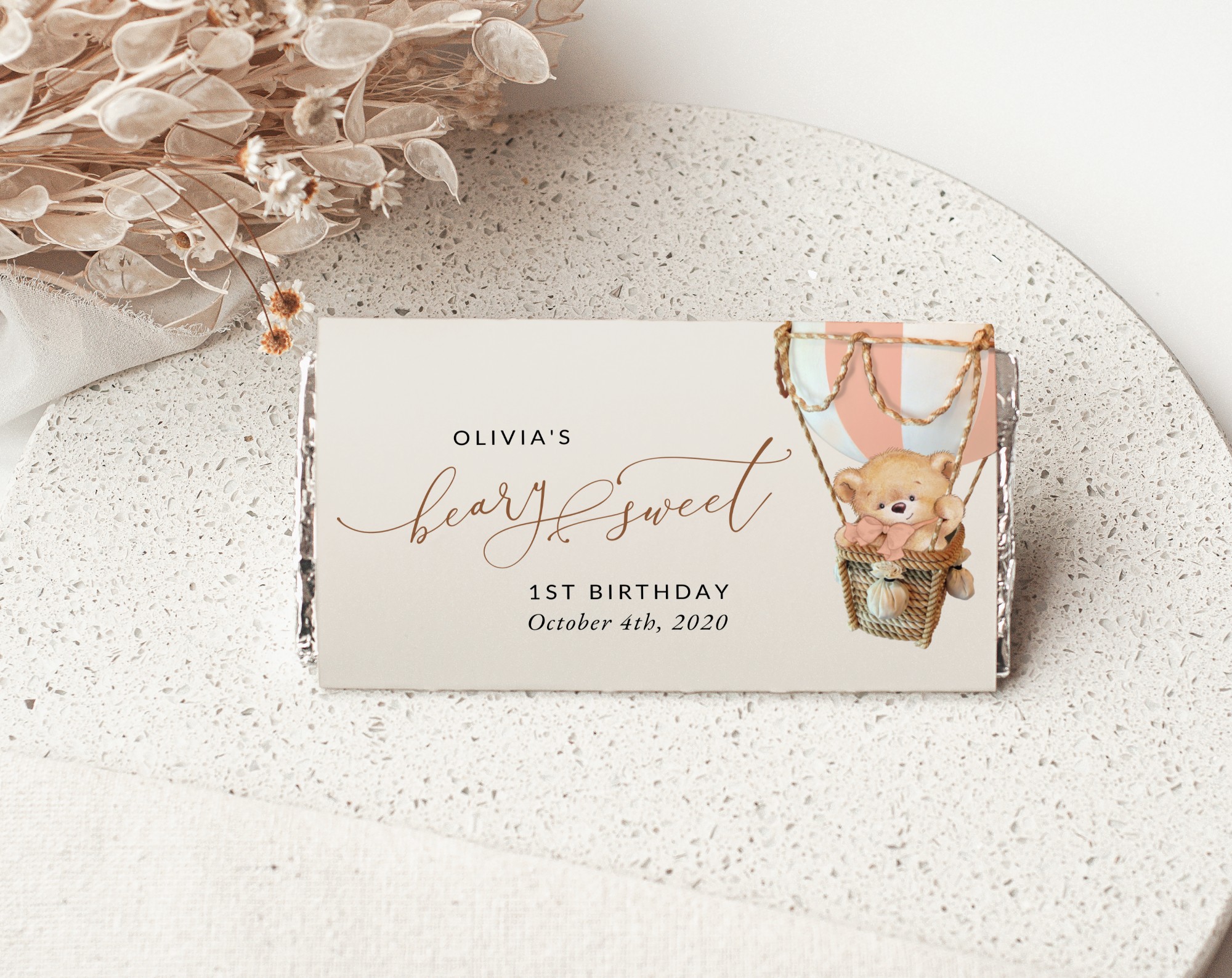 Bear in Pink Balloon Chocolate Bar Wrapper, First Birthday, Girl Birthday, Printable File, Edit Yourself, SH82