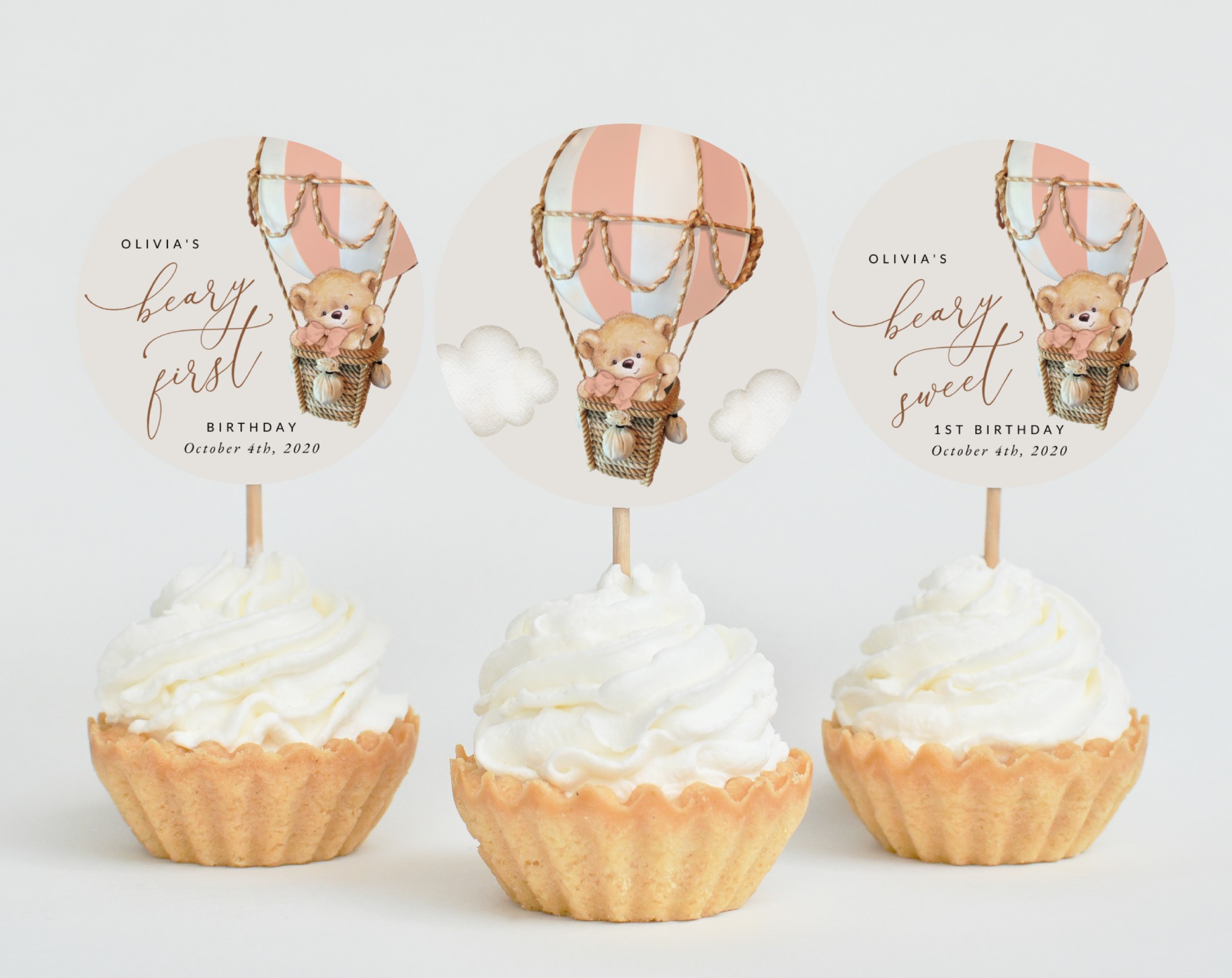 Bear in Pink Balloon Cupcake Toppers, First Birthday, Girl Birthday, Printable File, Edit Yourself, SH82