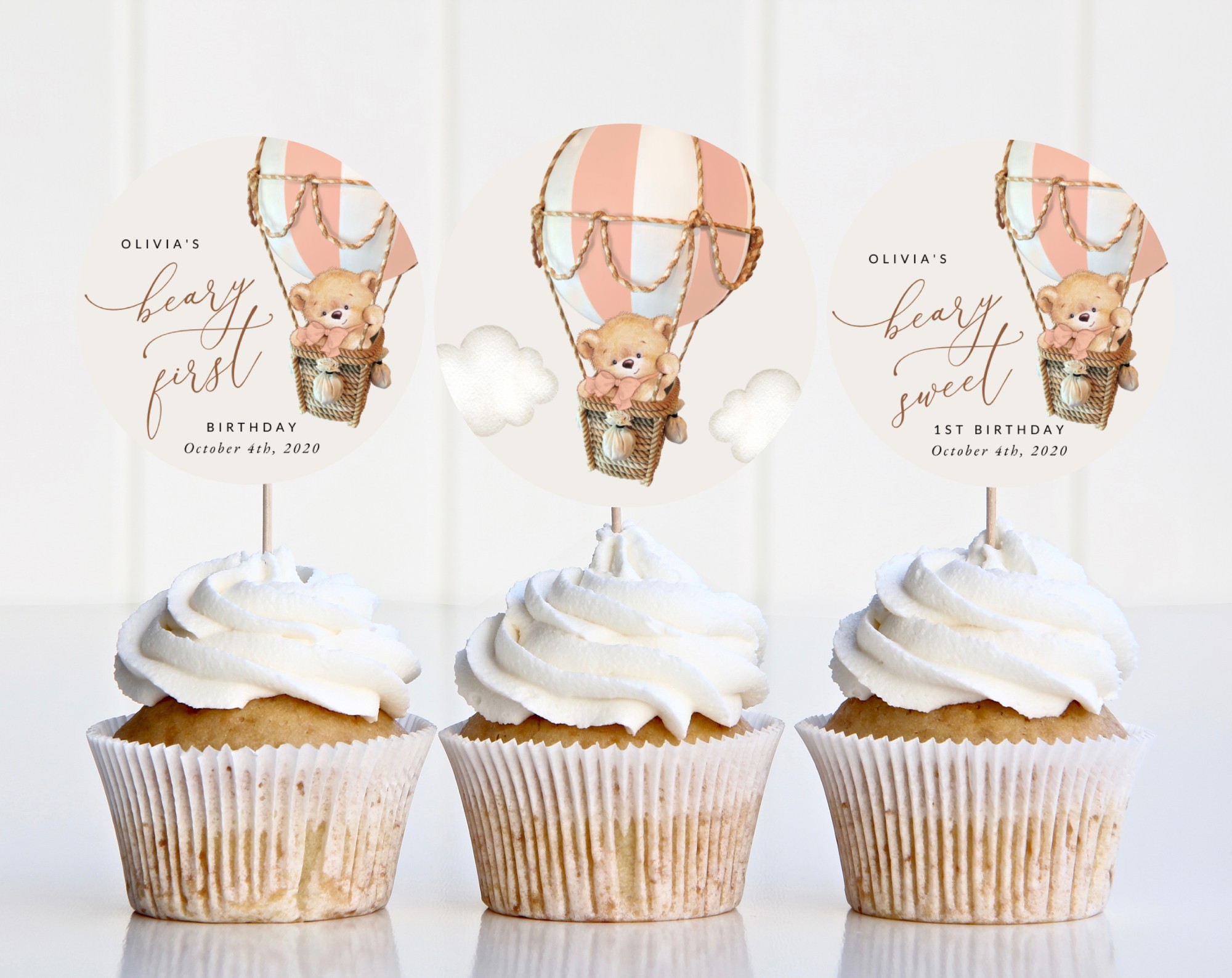 Bear in Pink Balloon Cupcake Toppers, First Birthday, Girl Birthday, Printable File, Edit Yourself, SH82 Bear in Pink Balloon Cupcake Toppers, First Birthday, Girl Birthday, Printable File, Edit Yourself, SH82