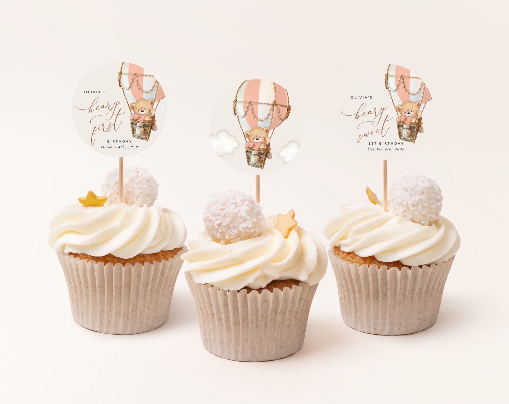 Bear in Pink Balloon Cupcake Toppers, First Birthday, Girl Birthday, Printable File, Edit Yourself, SH82