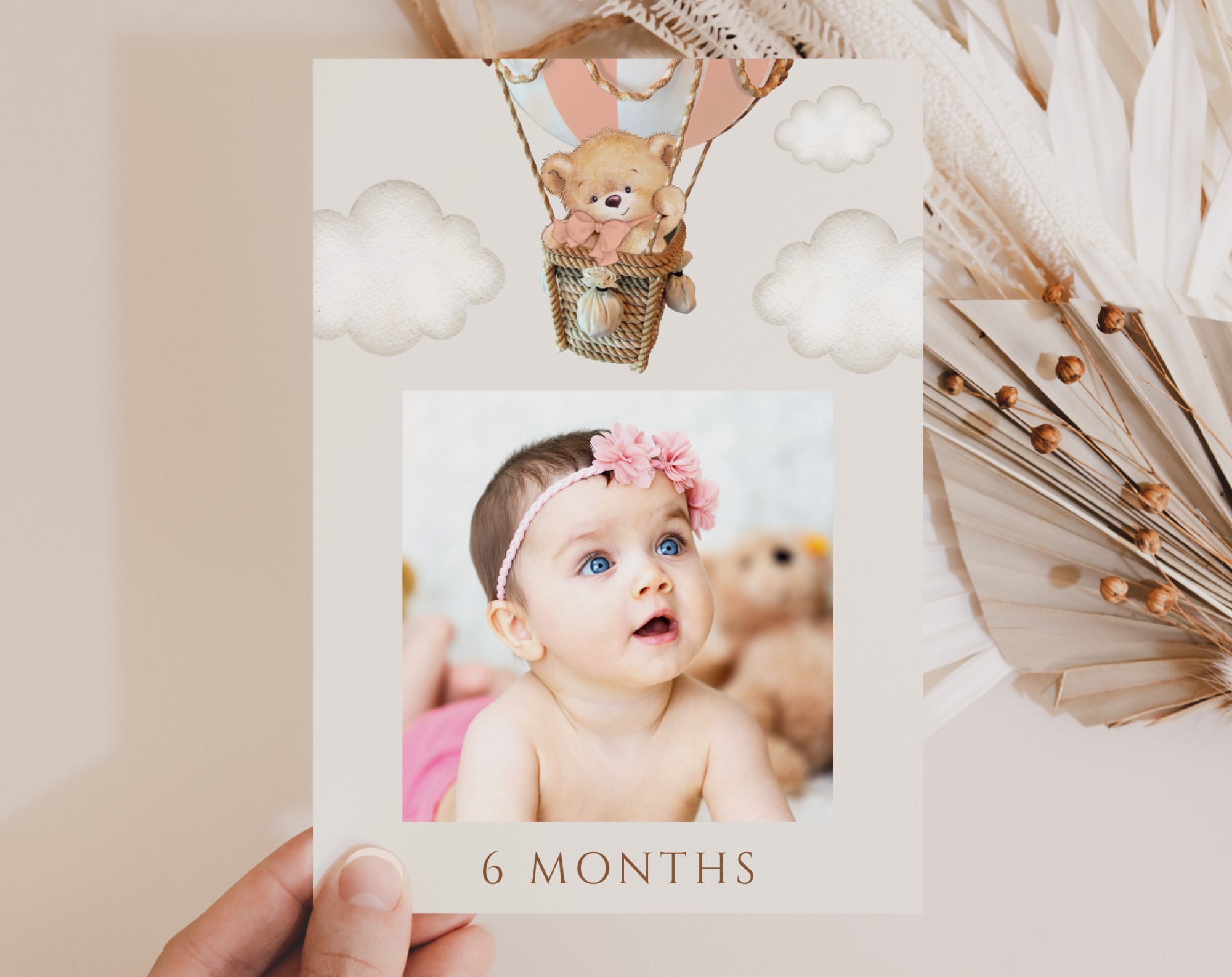 Bear in Pink Balloon First Year Photos, First Birthday, Girl Birthday, Printable File, Edit Yourself, SH82