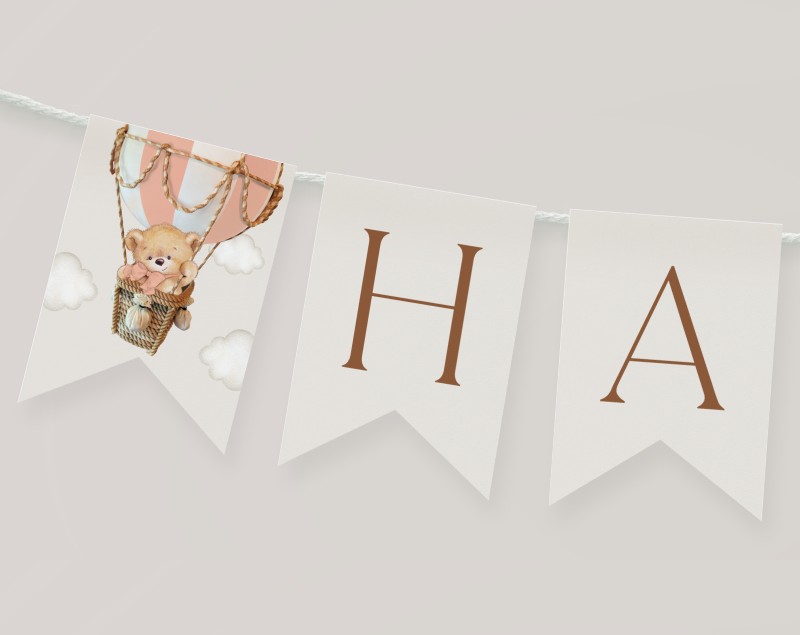 Bear in Pink Balloon Happy Birthday Banner, First Birthday, Girl Birthday, Printable File, Edit Yourself, SH82