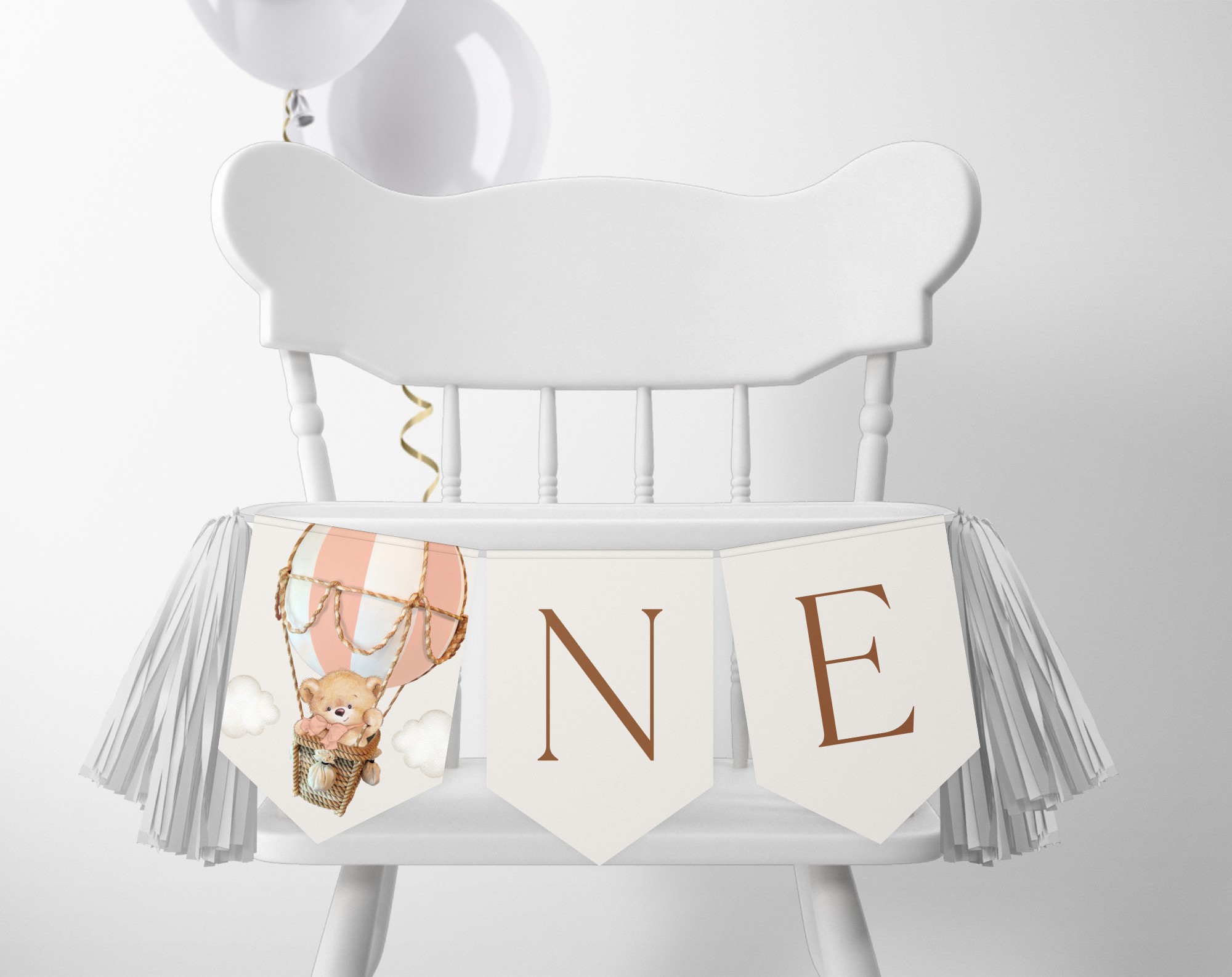 Bear in Pink Balloon One High Chair Banner, First Birthday, Girl Birthday, Printable File, Edit Yourself, SH82