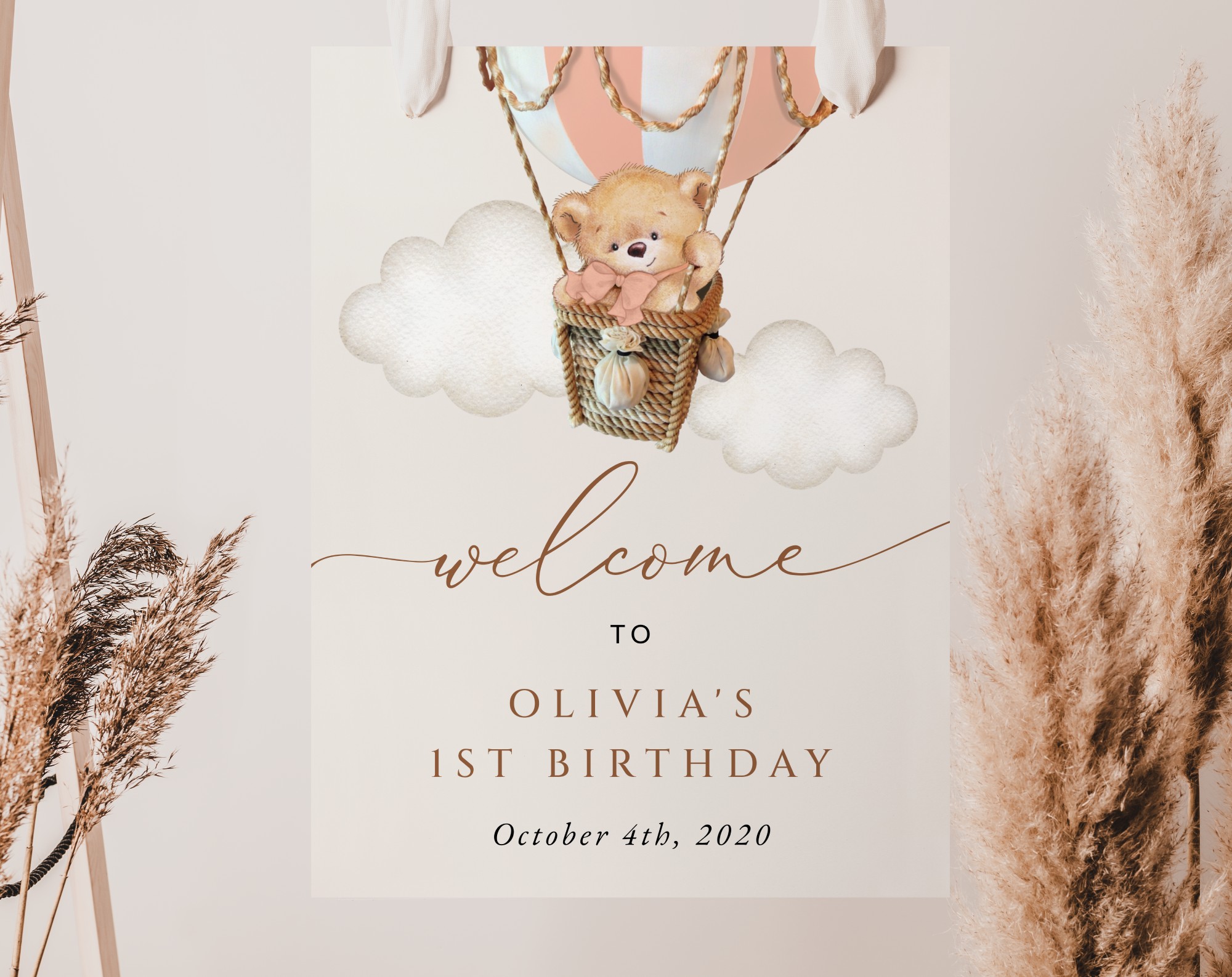 Bear in Pink Balloon Welcome Sign, Birthday Sign, First Birthday, Girl Birthday, Printable File, Edit Yourself, SH82