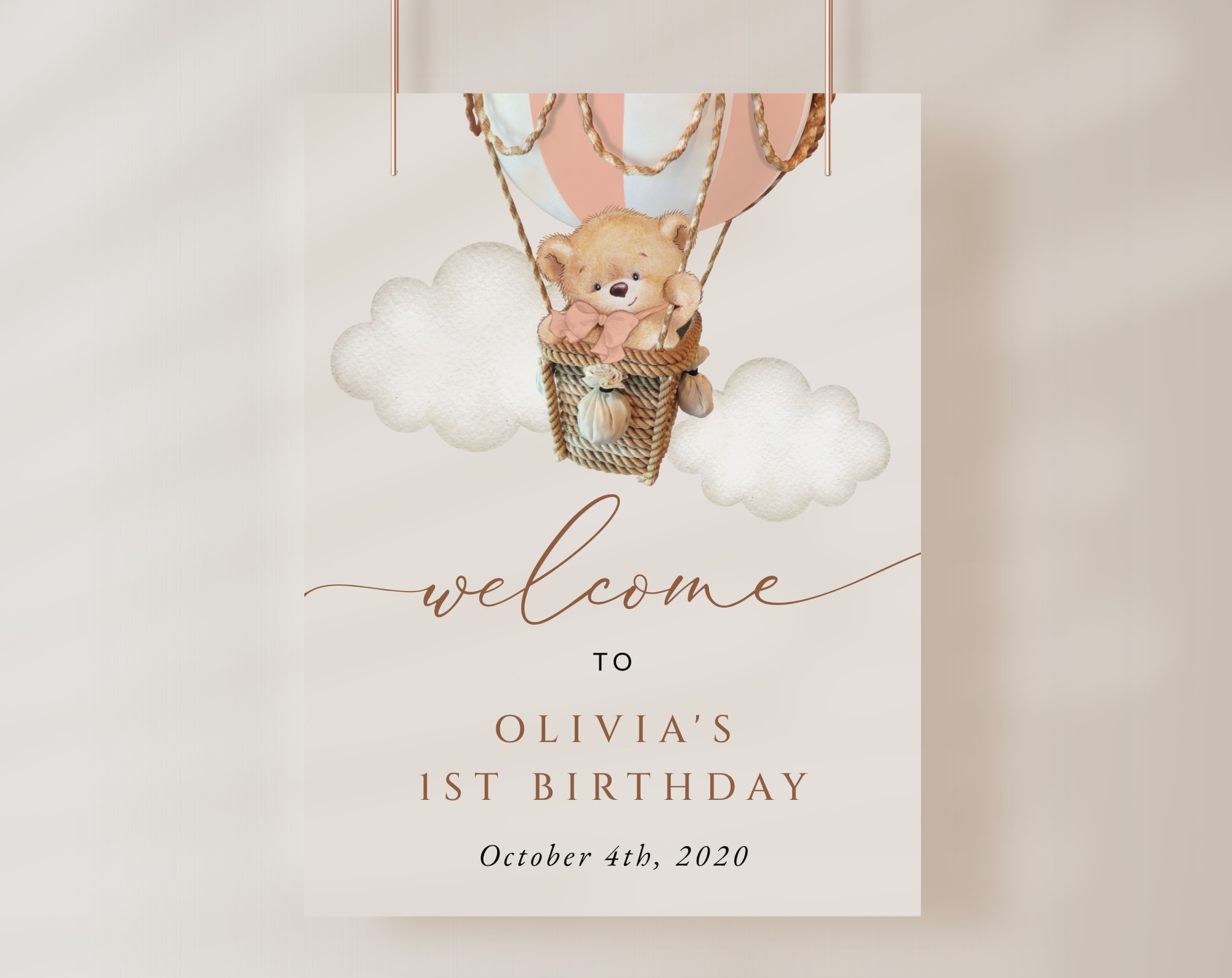 Bear in Pink Balloon Welcome Sign, Birthday Sign, First Birthday, Girl Birthday, Printable File, Edit Yourself, SH82