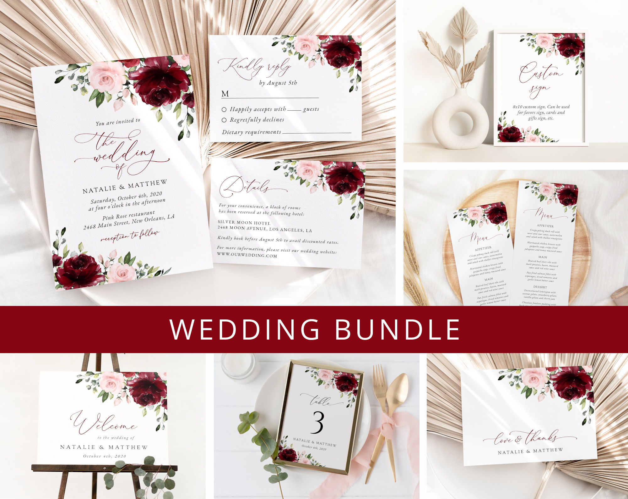 Burgundy and Blush Flowers Wedding Bundle, Printable File, Edit Yourself, SH01