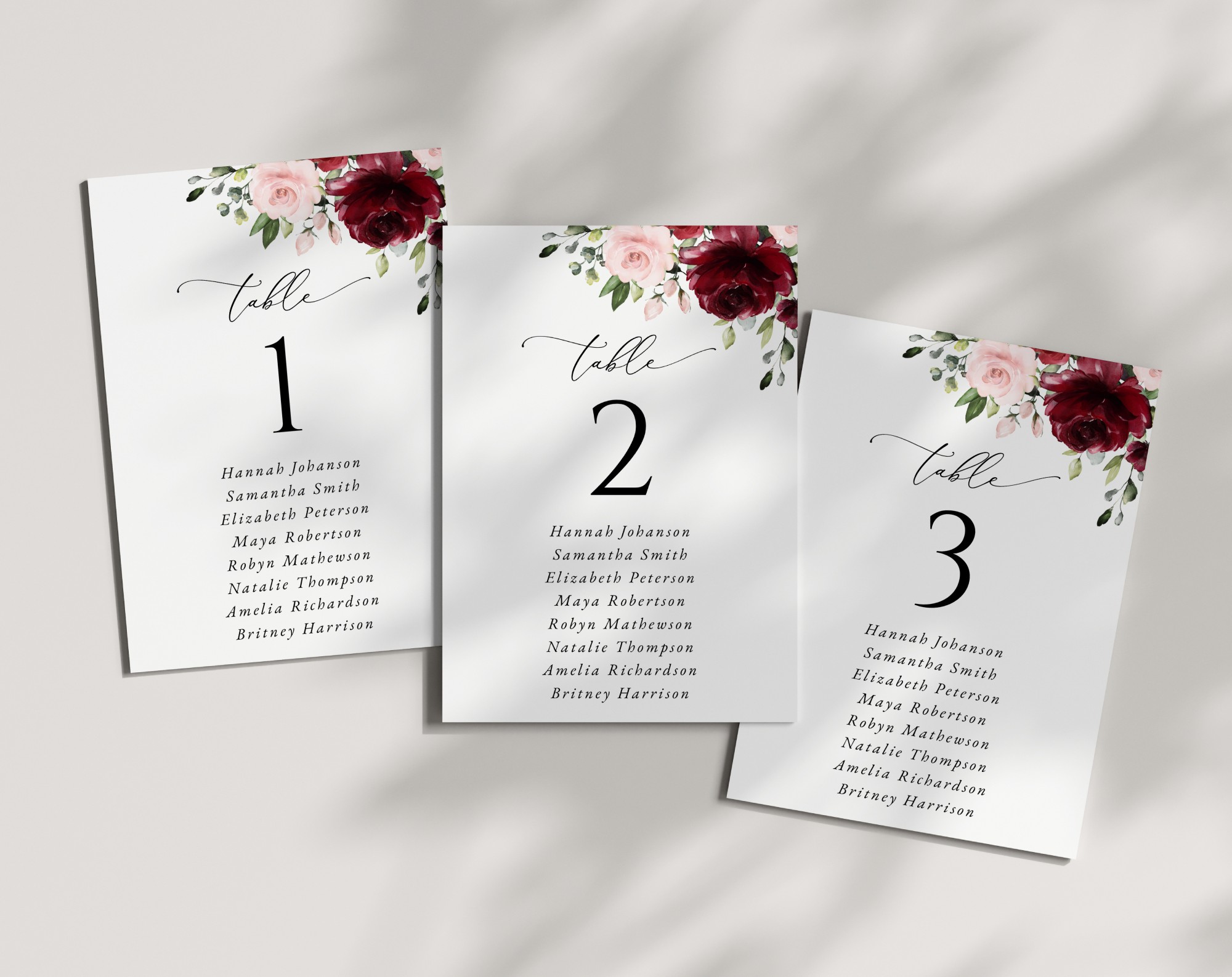Burgundy and Blush Flowers Seating Cards, Wedding Stationery, Printable File, Edit Yourself, SH01