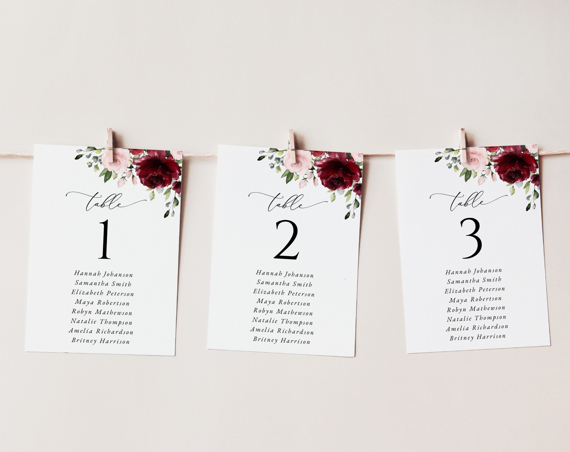 Burgundy and Blush Flowers Seating Cards, Wedding Stationery, Printable File, Edit Yourself, SH01