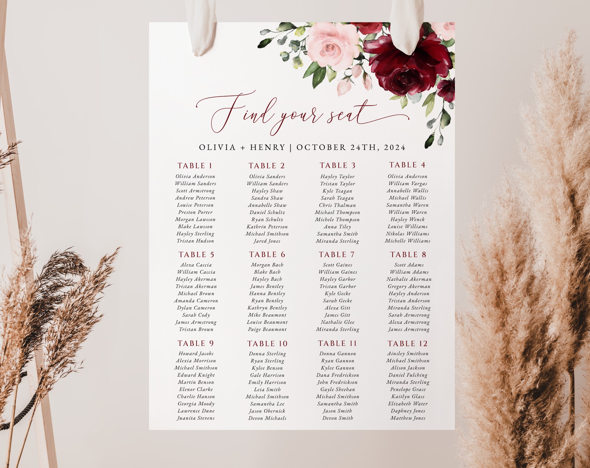 Burgundy and Blush Flowers Seating Chart, Wedding Sign, Printable File, Edit Yourself, SH01