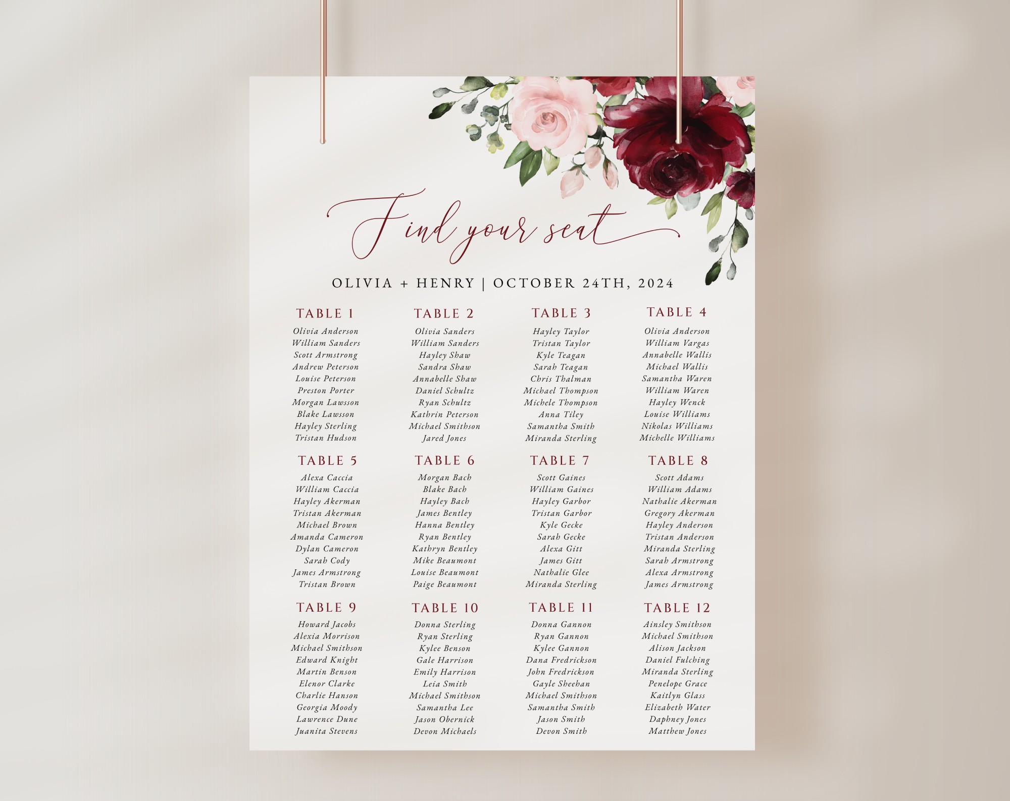 Burgundy and Blush Flowers Seating Chart, Wedding Sign, Printable File, Edit Yourself, SH01
