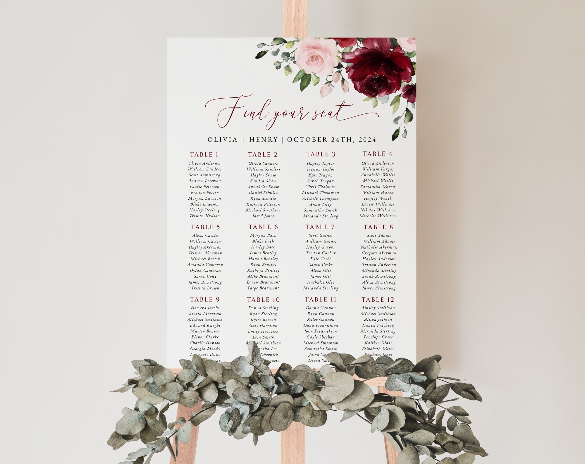 Burgundy and Blush Flowers Seating Chart, Wedding Sign, Printable File, Edit Yourself, SH01