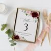 Burgundy and Blush Flowers Table Number Sign, Wedding Sign, Printable File, Edit Yourself, SH01