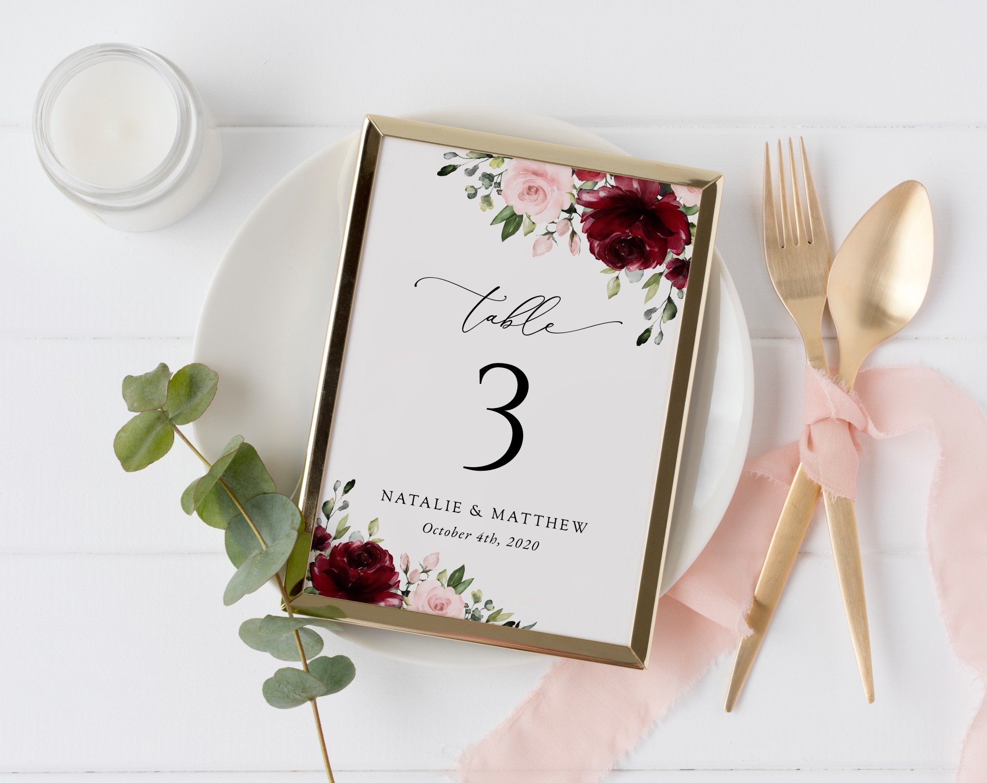 Burgundy and Blush Flowers Table Number Sign, Wedding Sign, Printable File, Edit Yourself, SH01