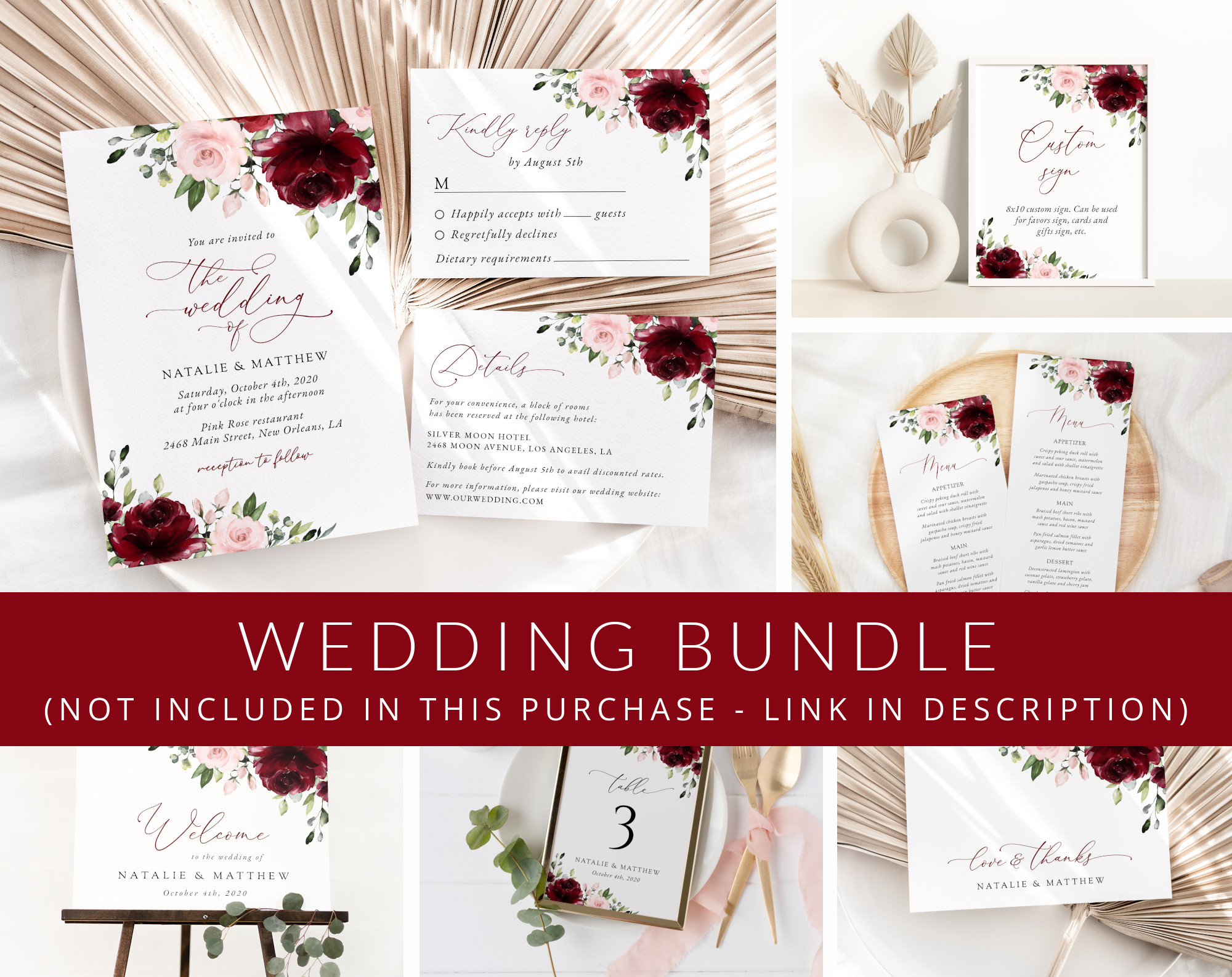 Burgundy and Blush Flowers Wedding Bundle, Printable File, Edit Yourself, SH01