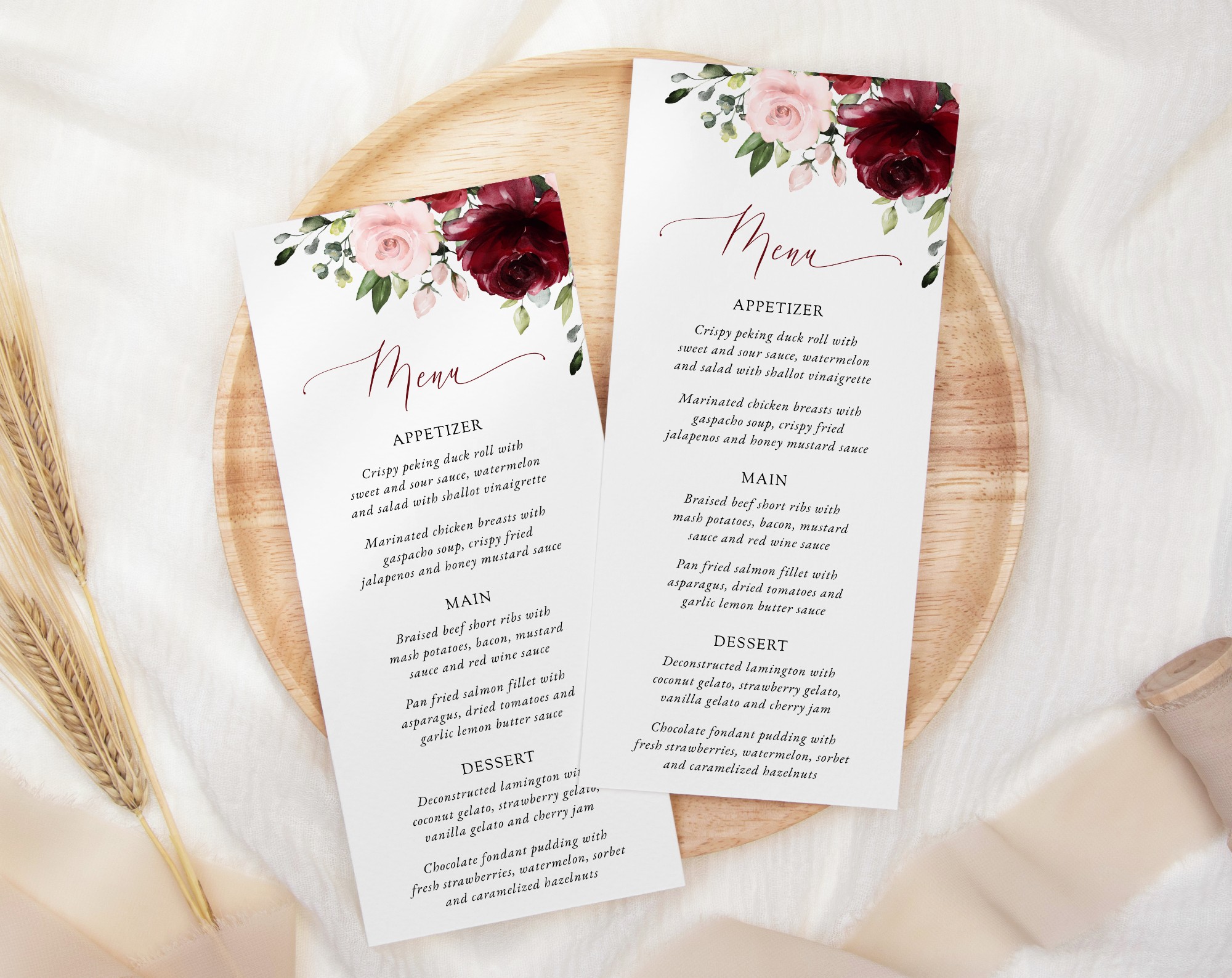 Burgundy and Blush Flowers Wedding Menu, Wedding Stationery, Printable File, Edit Yourself, SH01