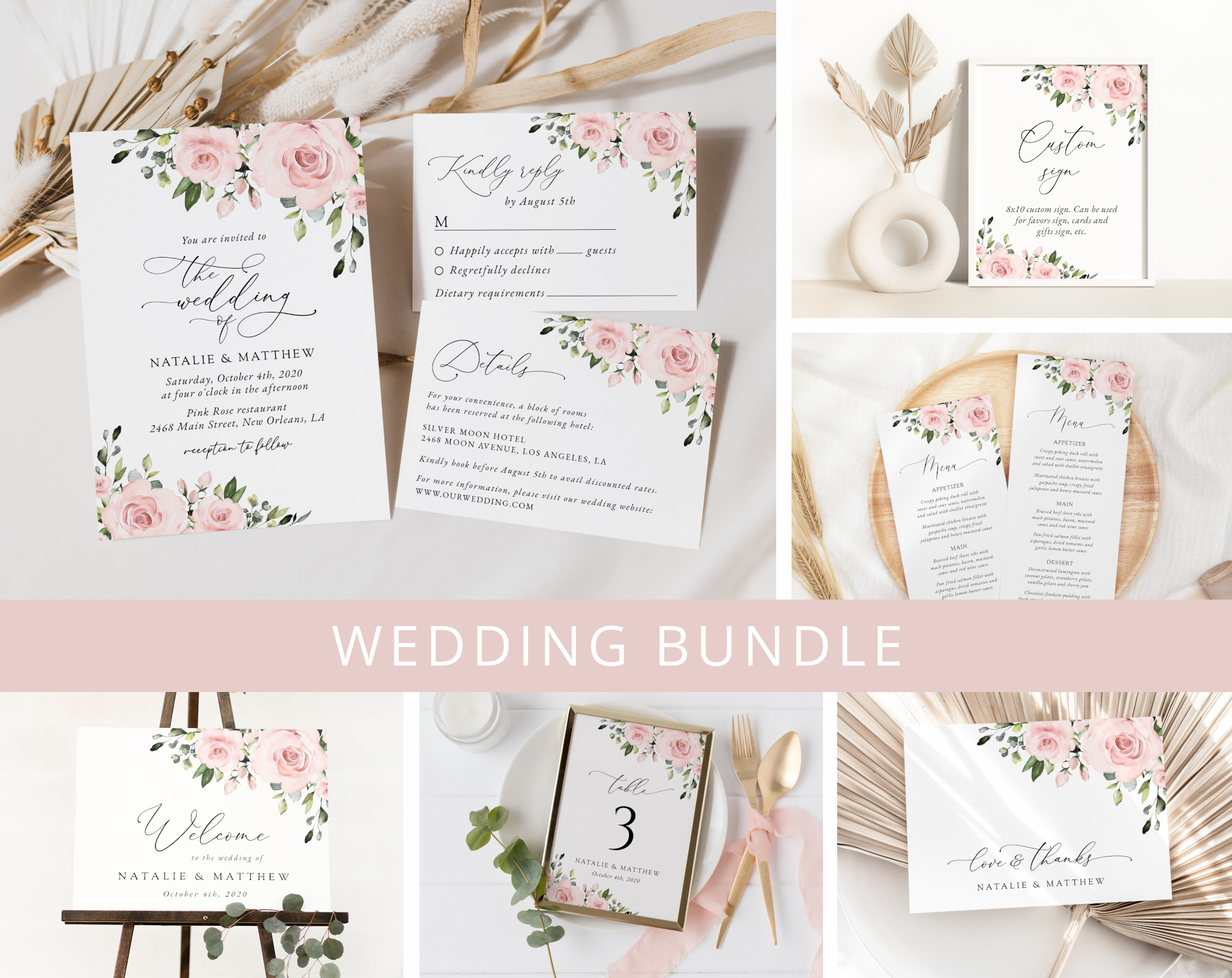 Blush Flowers Wedding Bundle, Printable File, Edit Yourself, SH03