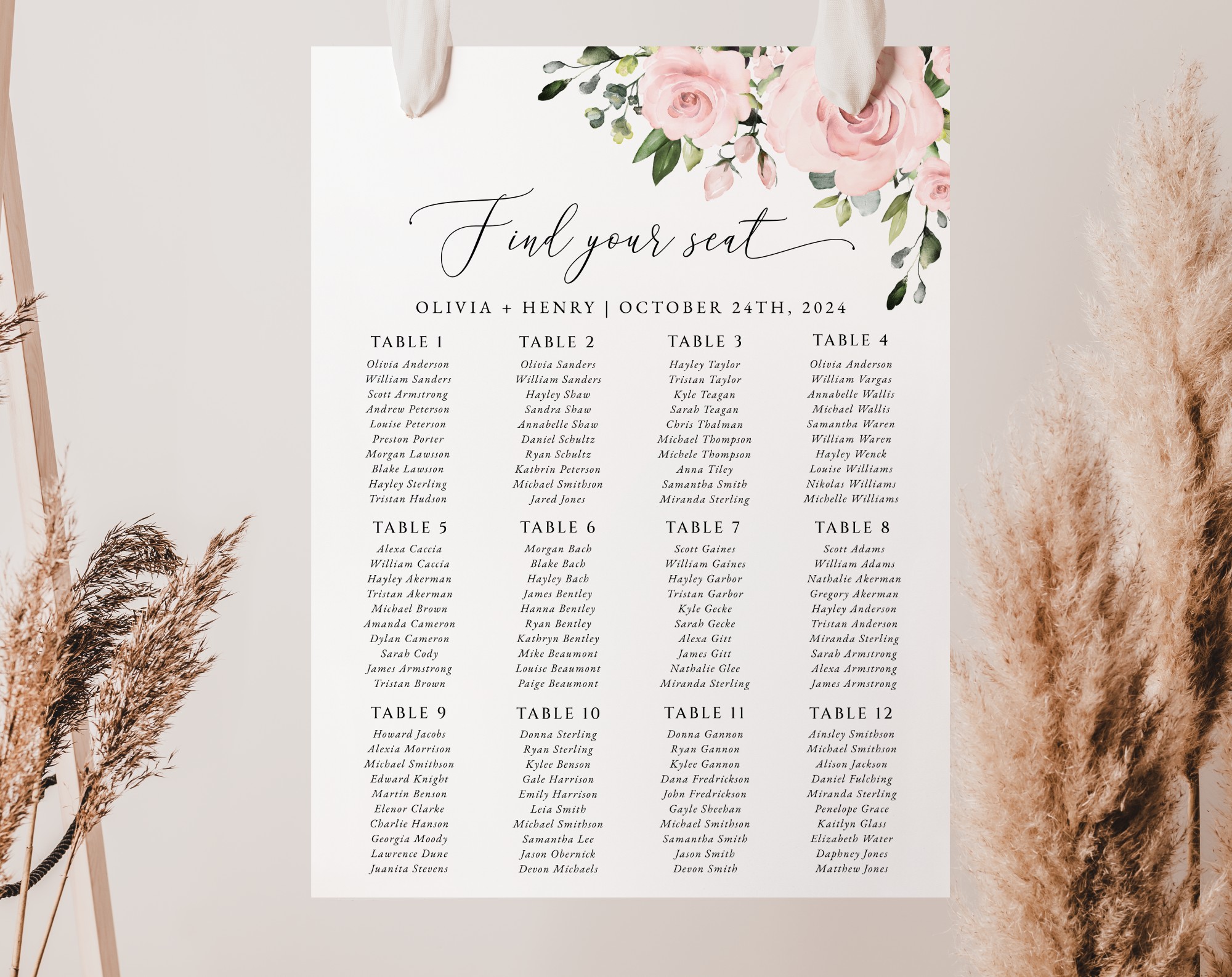 Blush Flowers Seating Chart, Wedding Sign, Printable File, Edit Yourself, SH03