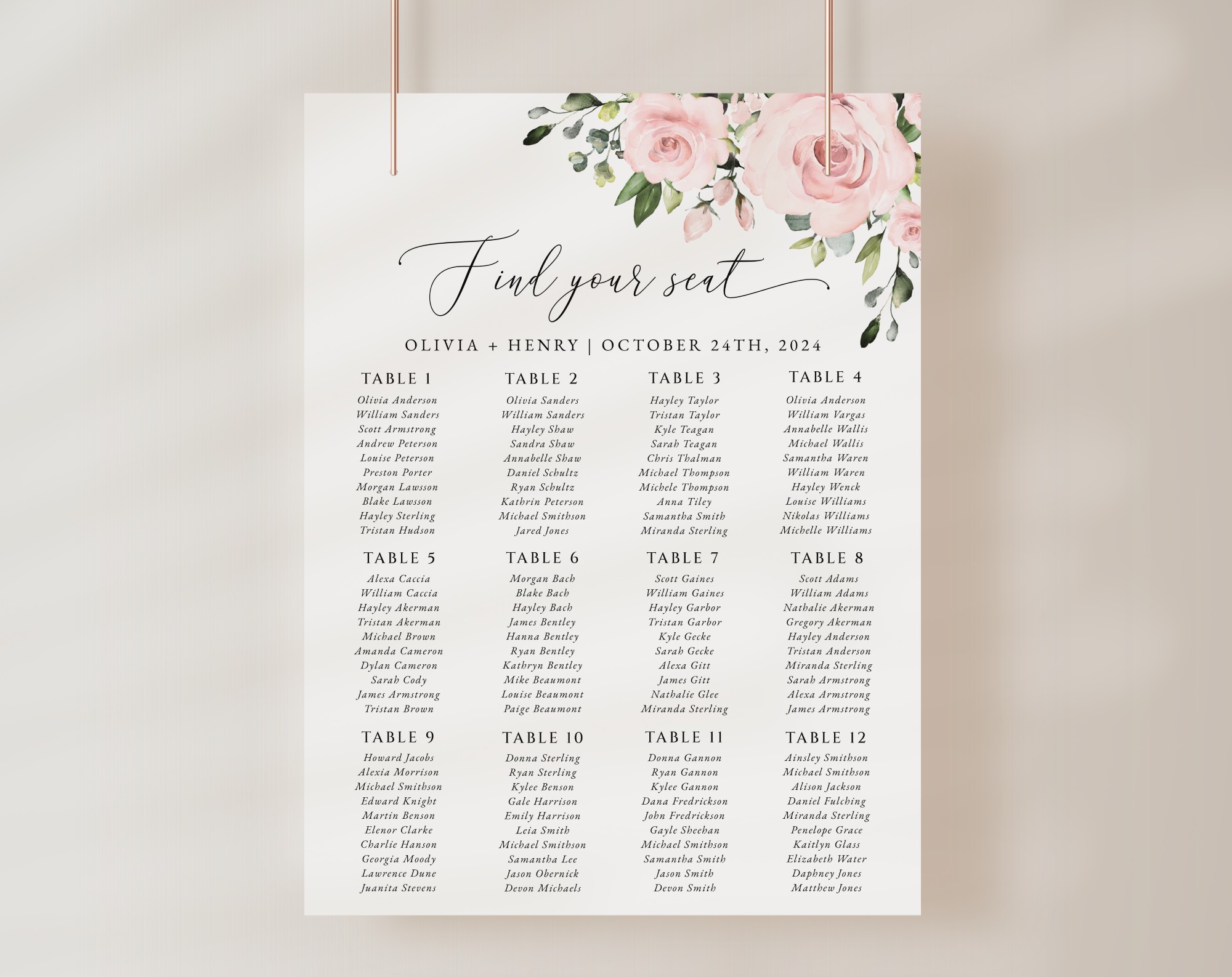 Blush Flowers Seating Chart, Wedding Sign, Printable File, Edit Yourself, SH03