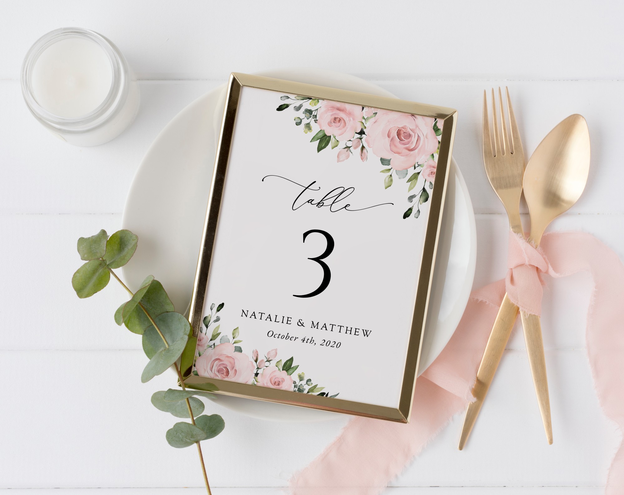 Blush Flowers Table Number Sign, Wedding Sign, Printable File, Edit Yourself, SH03