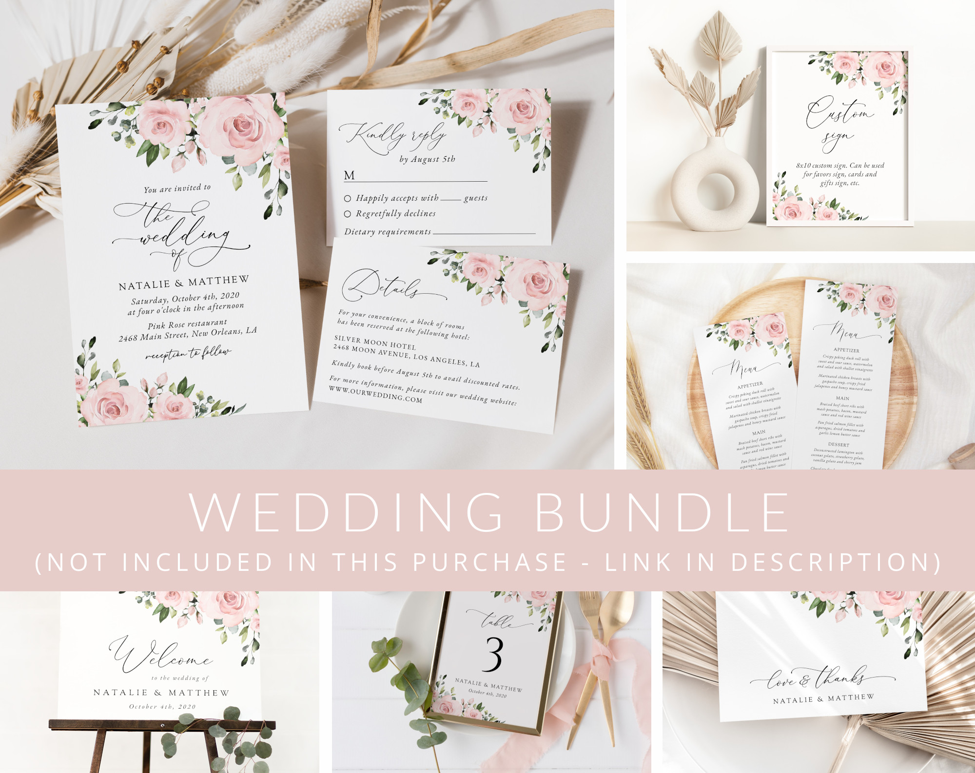 Blush Flowers Wedding Bundle, Printable File, Edit Yourself, SH03