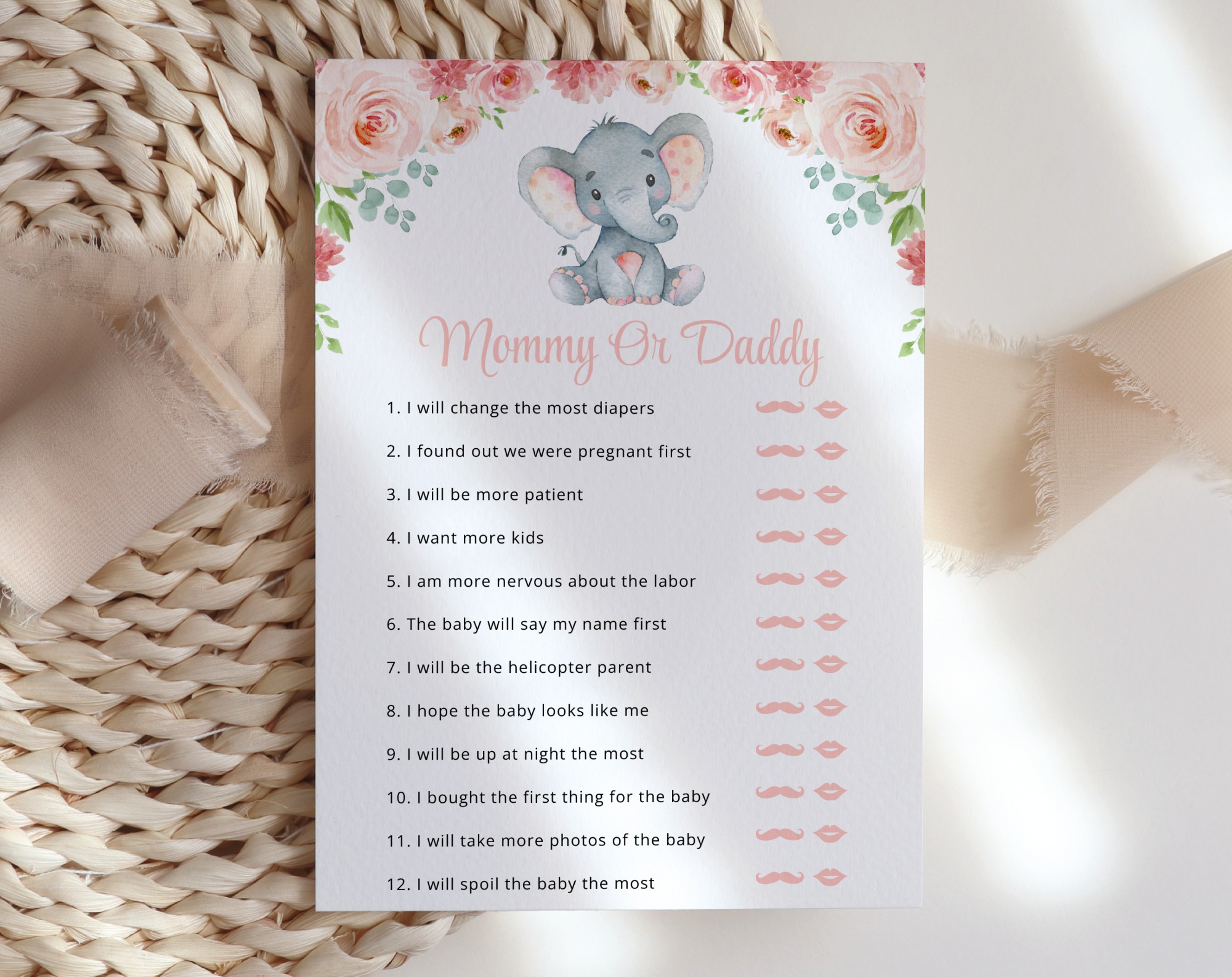 Little Elephant Baby Shower Games, Set of 3 Games, Girl Baby Shower, Printable File, Edit Yourself, SH07