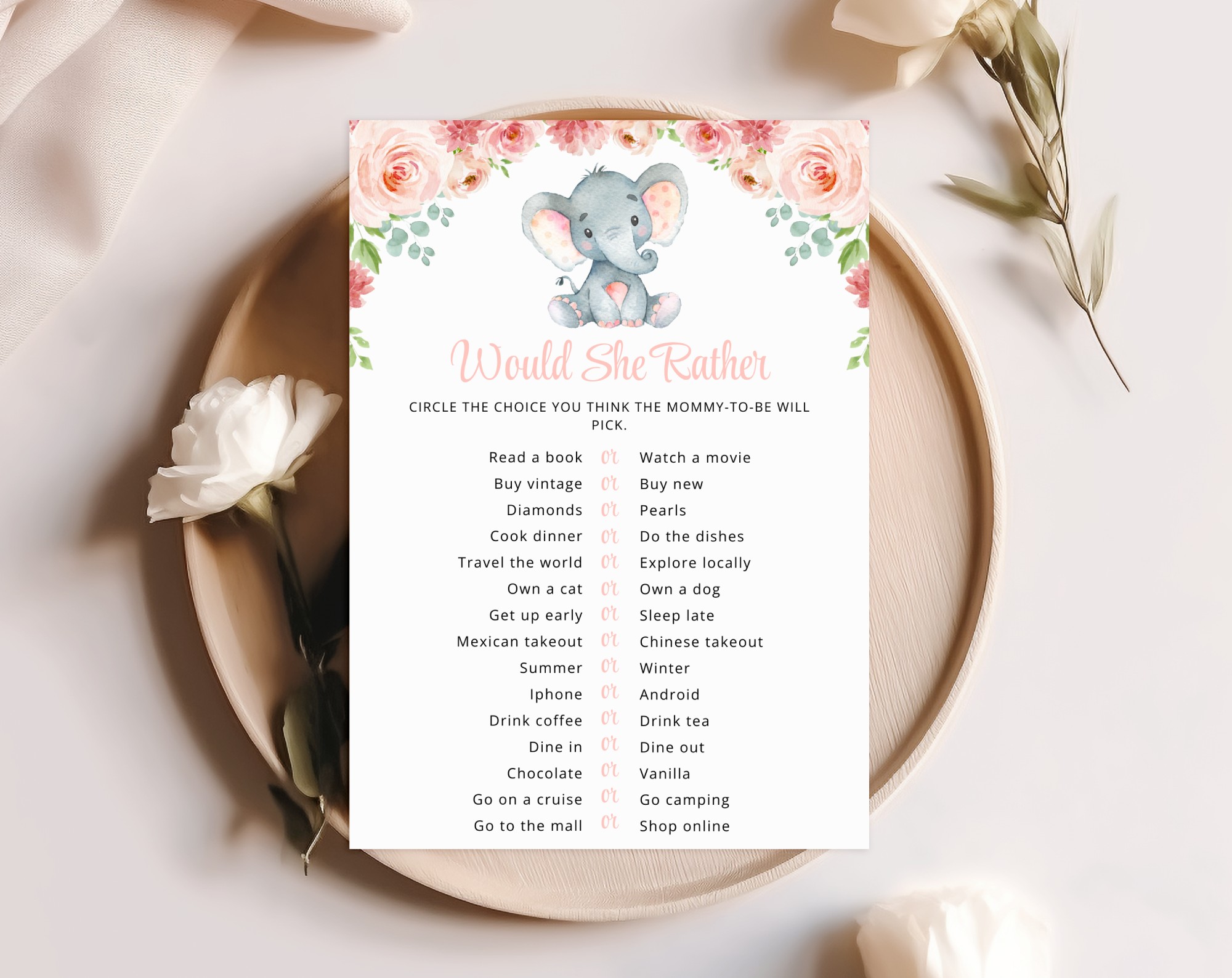 Little Elephant Baby Shower Games, Set of 3 Games, Girl Baby Shower, Printable File, Edit Yourself, SH07
