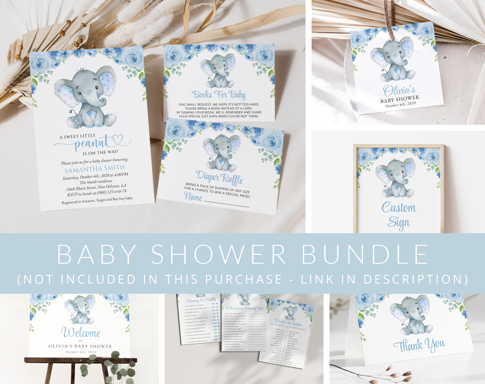 Baby Elephant Baby Shower Mini Bundle, Boy Baby Shower, Printable File, Edit Yourself, SH08