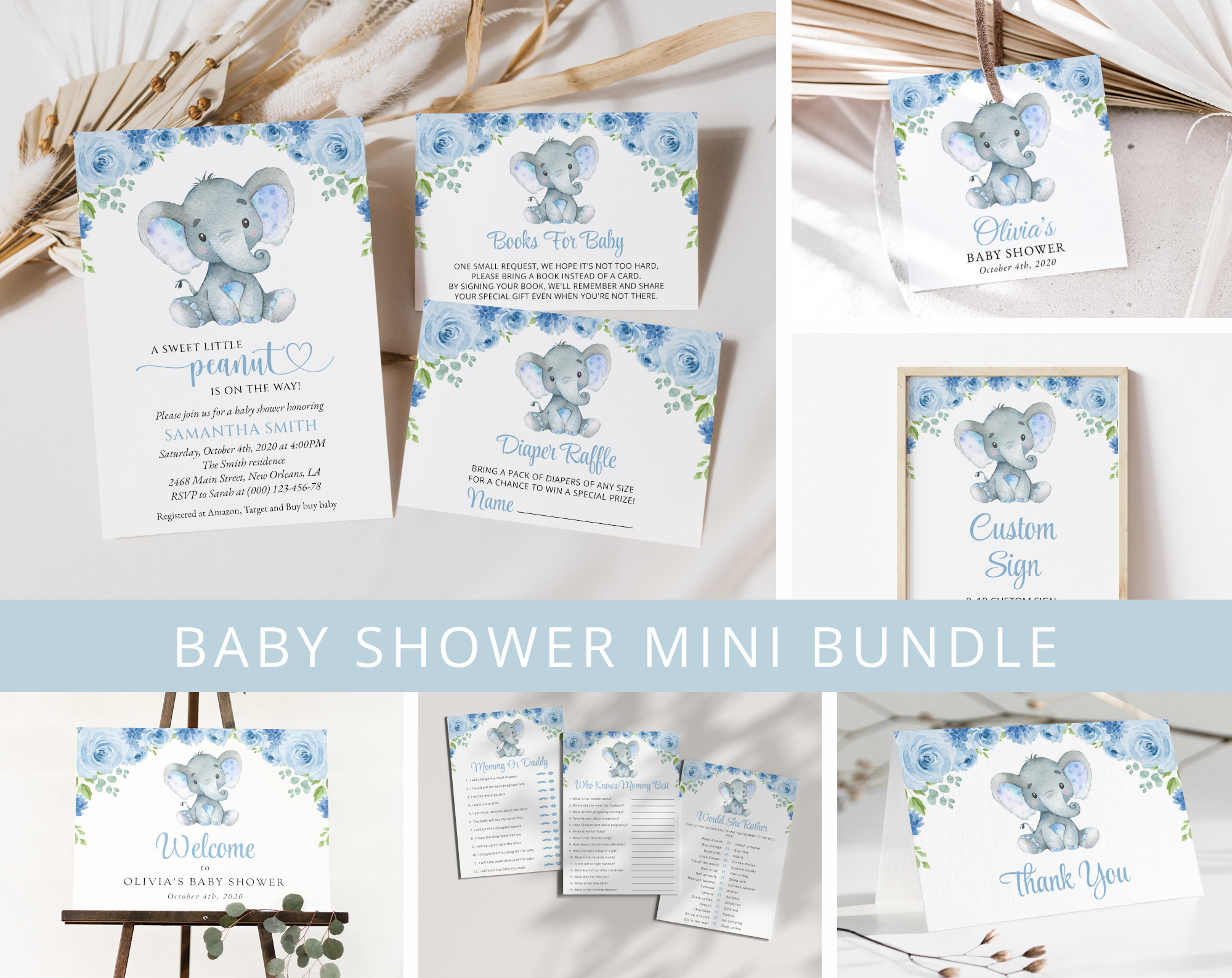 Baby Elephant Baby Shower Mini Bundle, Boy Baby Shower, Printable File, Edit Yourself, SH08