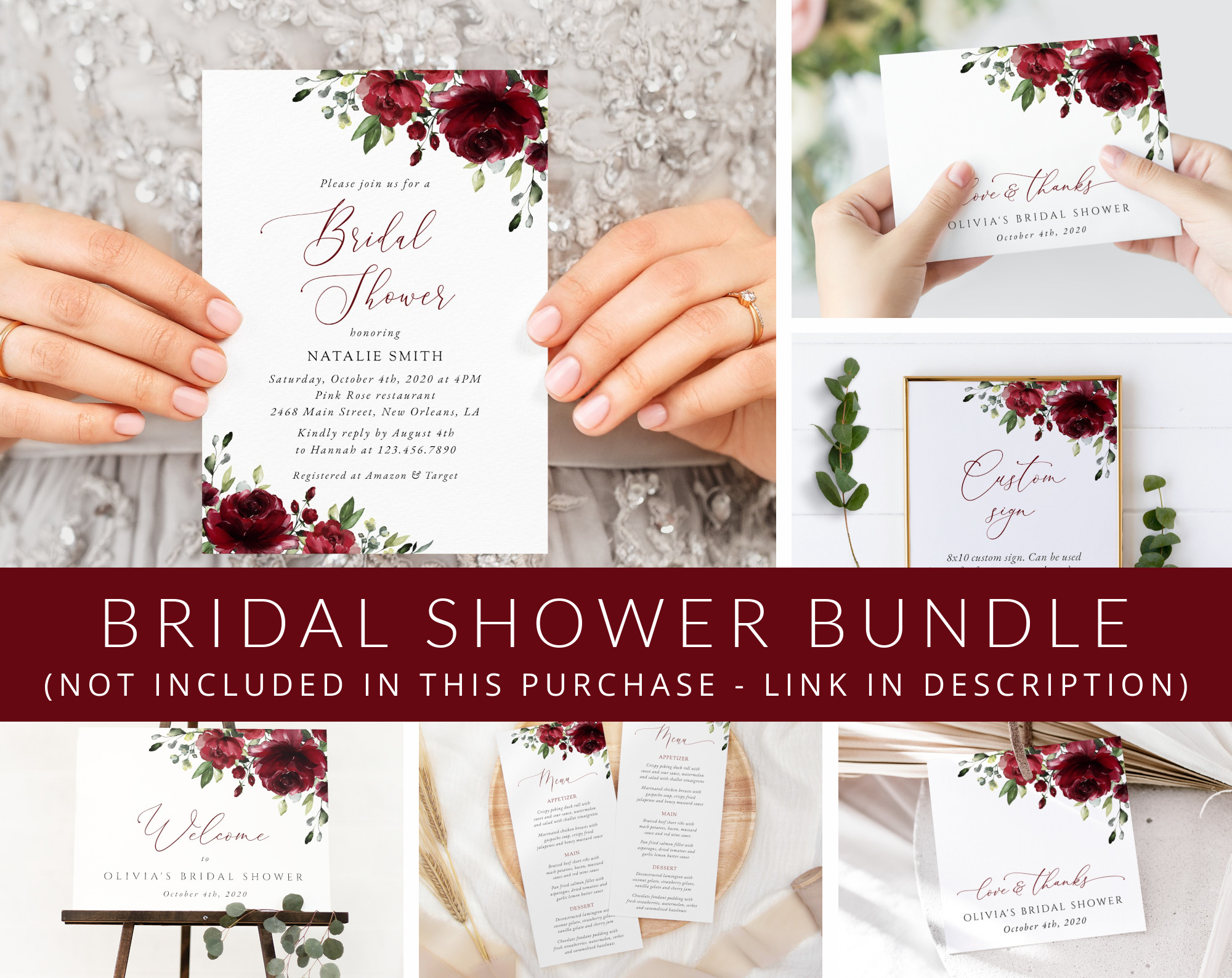 Burgundy Flowers Bridal Shower Mini Bundle, Printable File, Edit Yourself, SH13