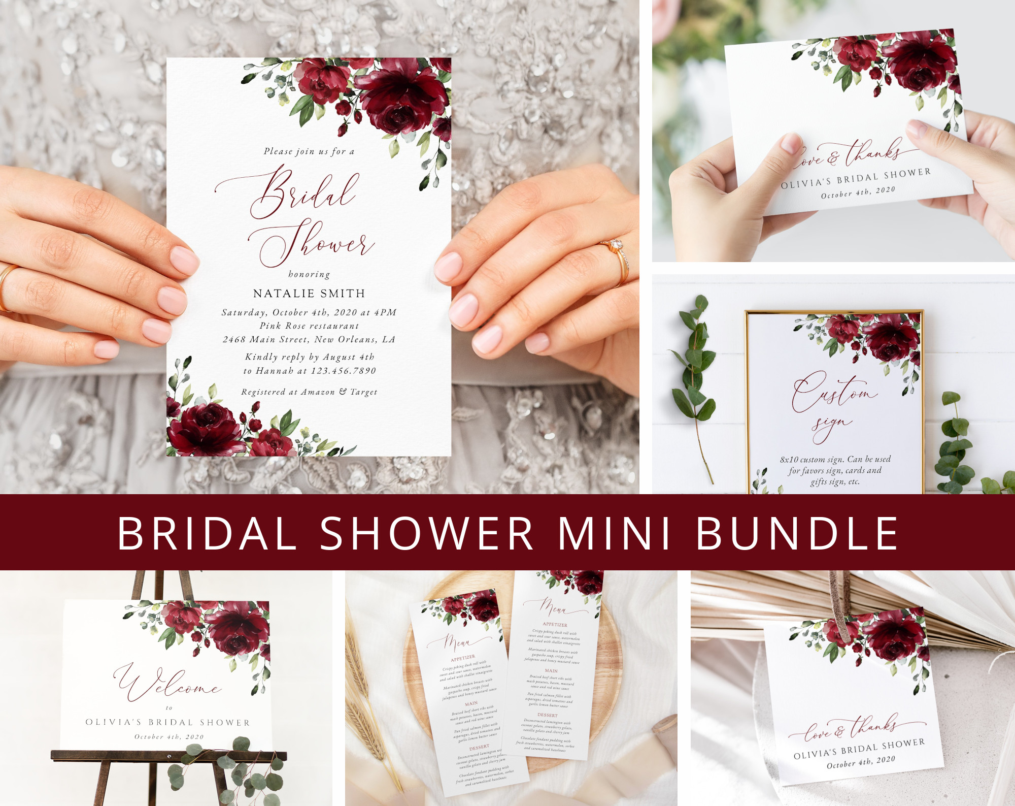 Burgundy Flowers Bridal Shower Mini Bundle, Printable File, Edit Yourself, SH13