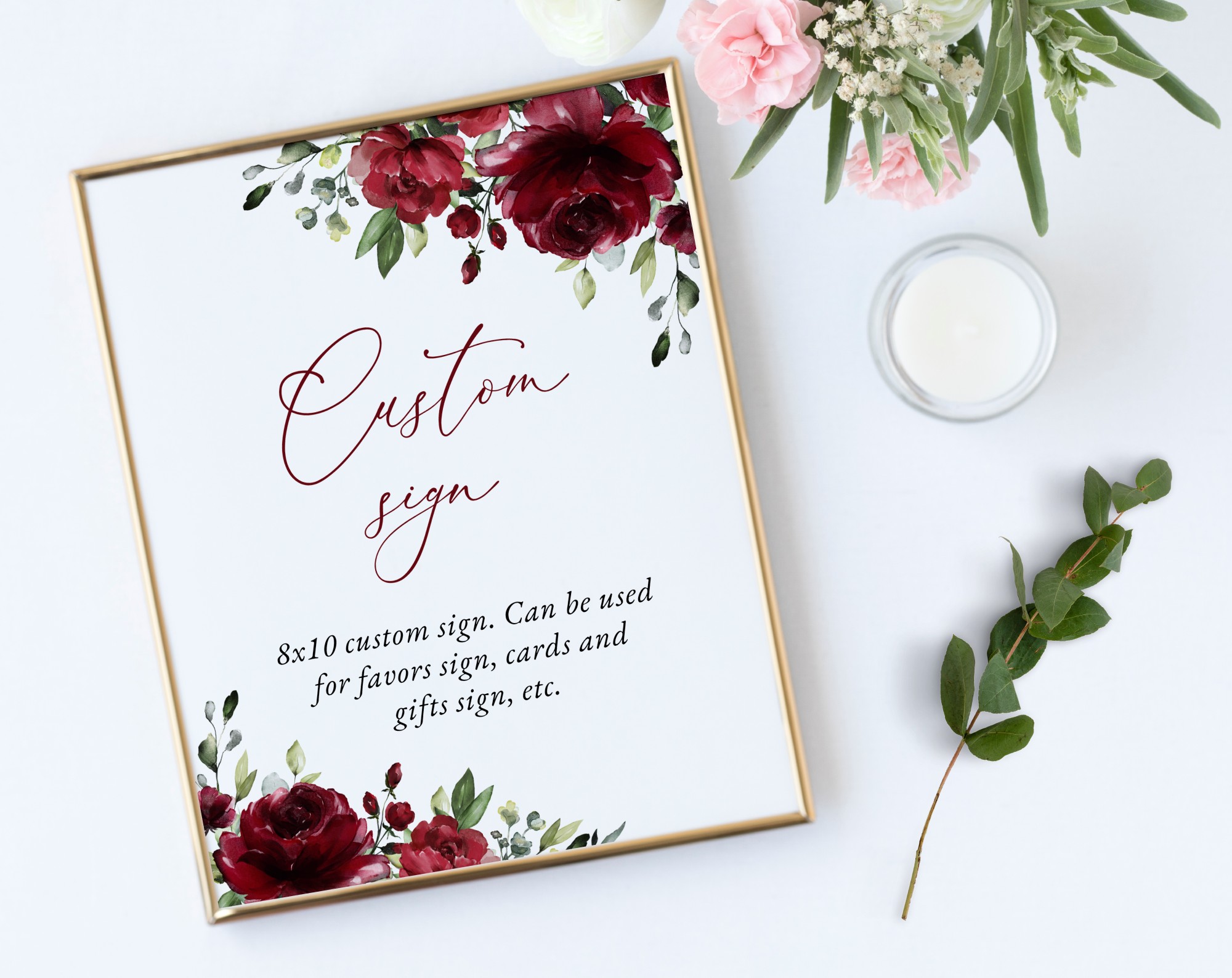 Burgundy Flowers Custom Sign, Bridal Shower Sign, Printable File, Edit Yourself, SH13