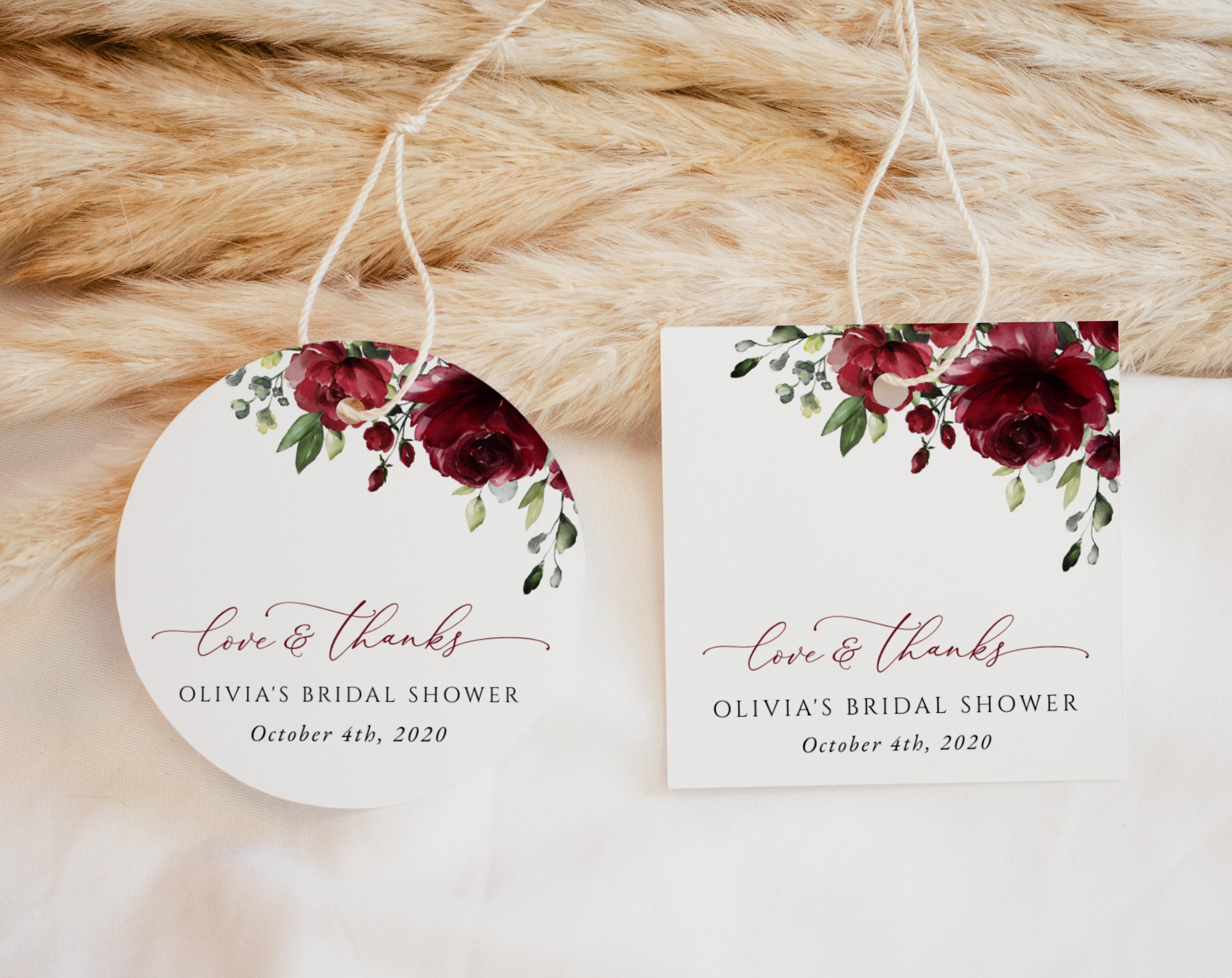 Burgundy Flowers Favor Tags, Gift Tags, Party Tags, Bridal Shower, Printable File, Edit Yourself, SH13