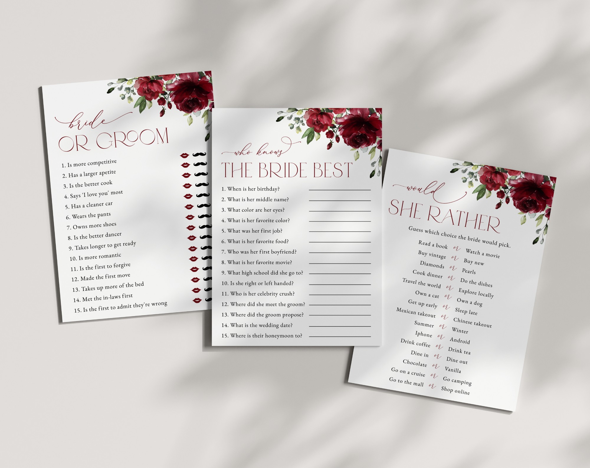 Burgundy Flowers Bridal Shower Games, Set of 3 Games, Printable File, Edit Yourself, SH13