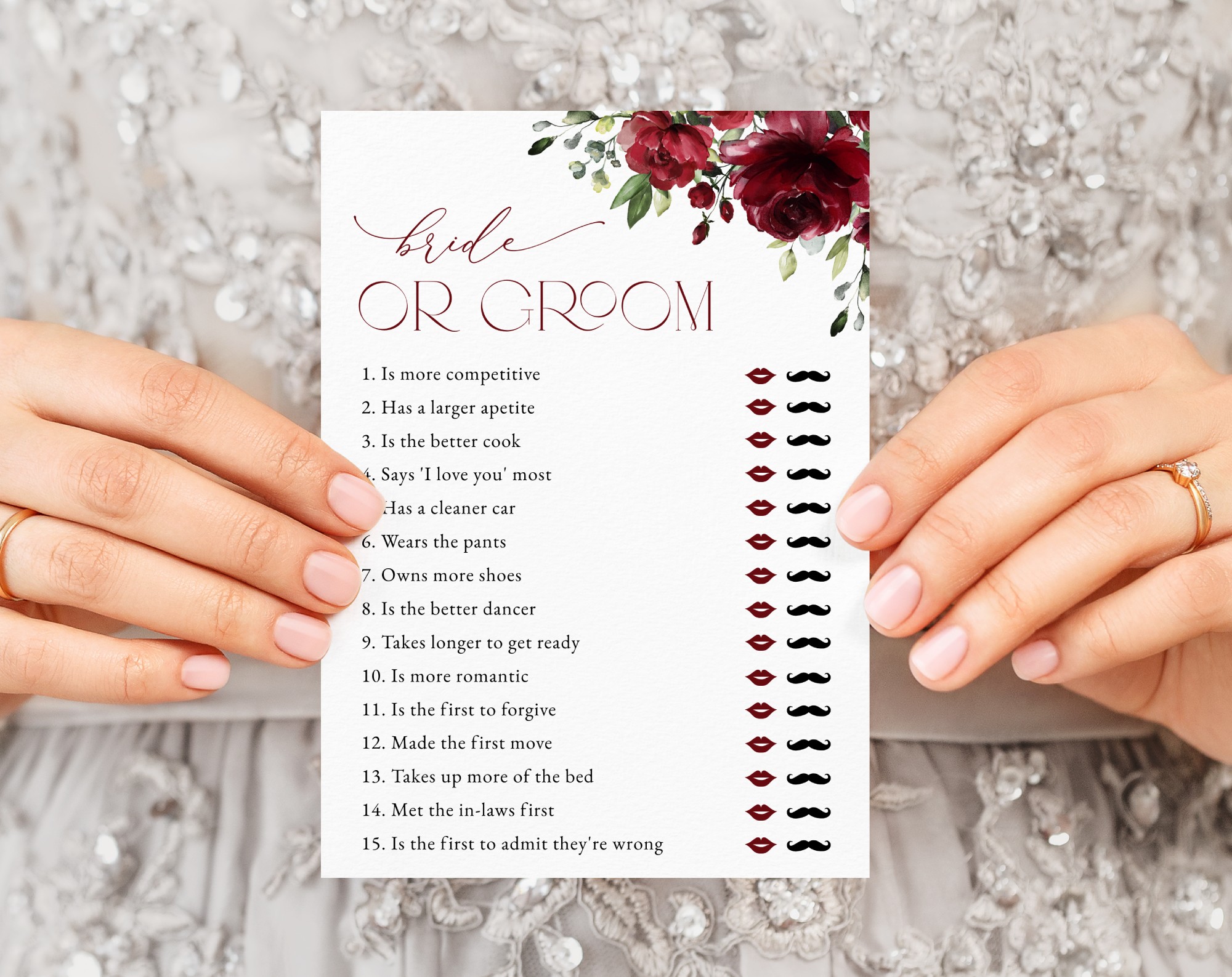 Burgundy Flowers Bridal Shower Games, Set of 3 Games, Printable File, Edit Yourself, SH13