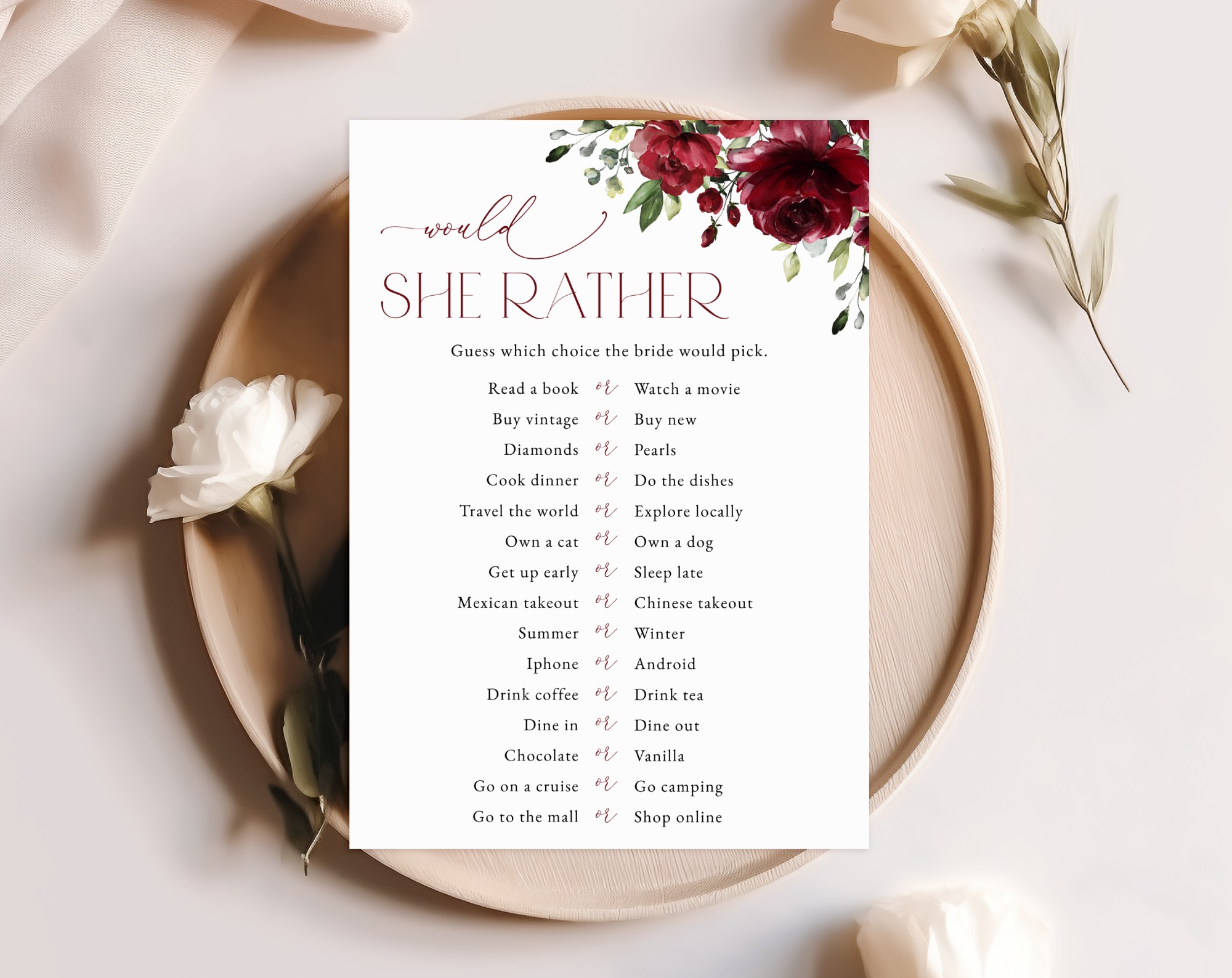 Burgundy Flowers Bridal Shower Games, Set of 3 Games, Printable File, Edit Yourself, SH13