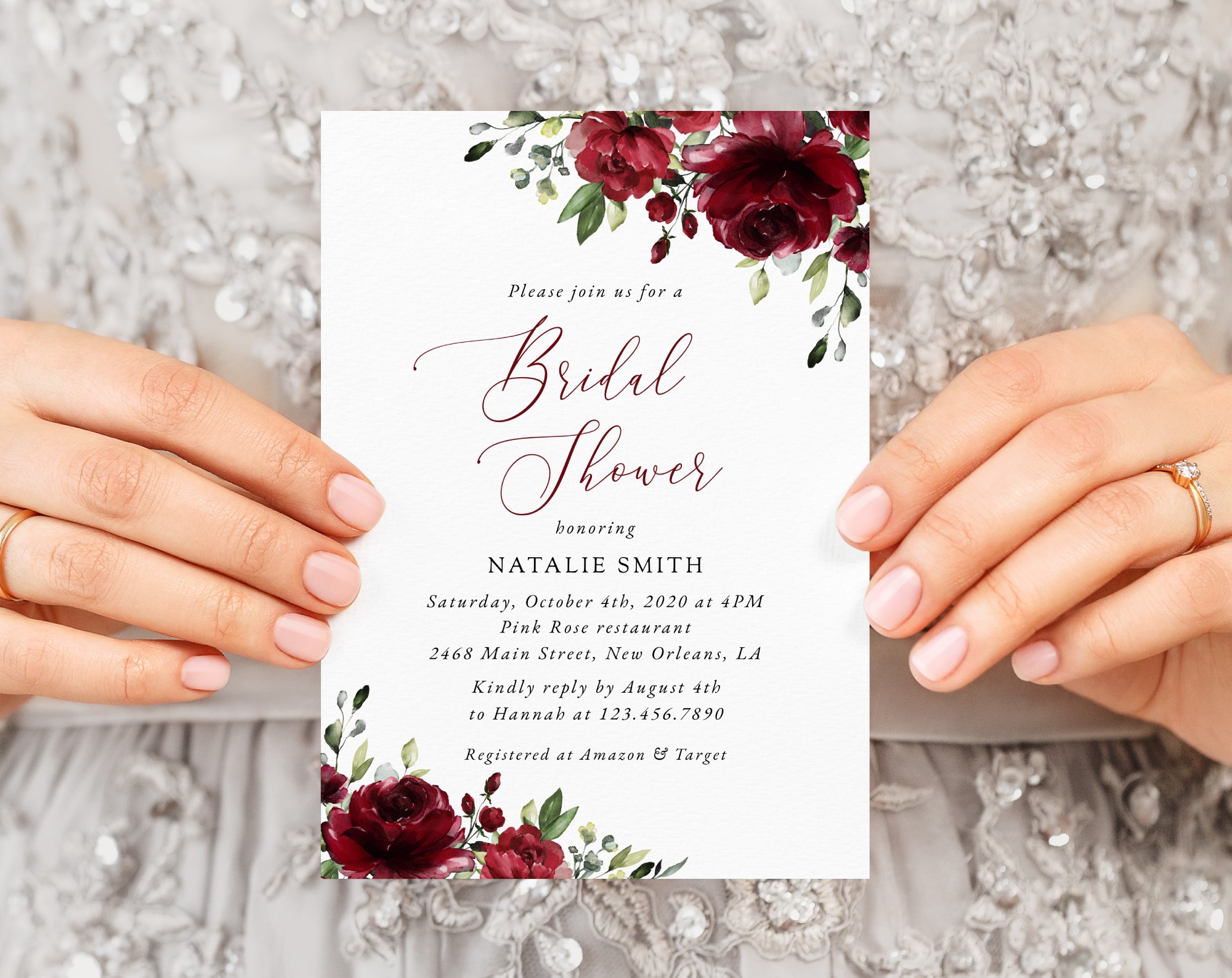 Burgundy Flowers Bridal Shower Invitation, Bridal Stationery, Printable File, Edit Yourself, SH13