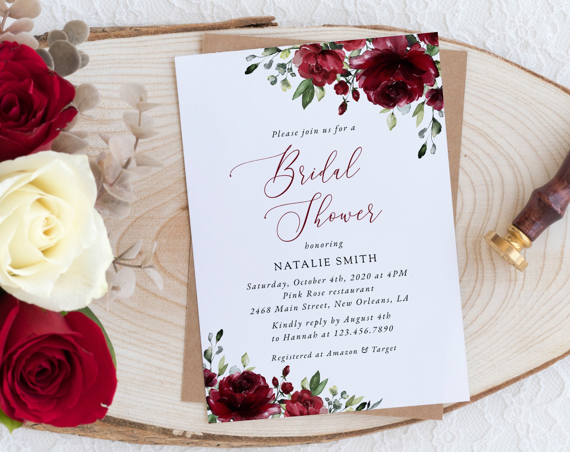 Burgundy Flowers Bridal Shower Invitation, Bridal Stationery, Printable File, Edit Yourself, SH13