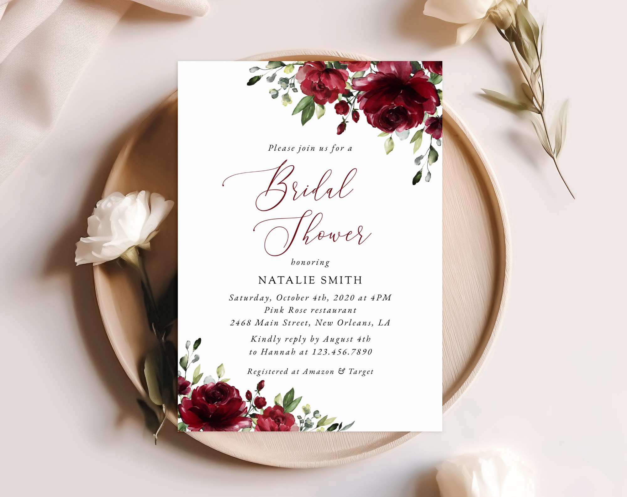 Burgundy Flowers Bridal Shower Invitation, Bridal Stationery, Printable File, Edit Yourself, SH13