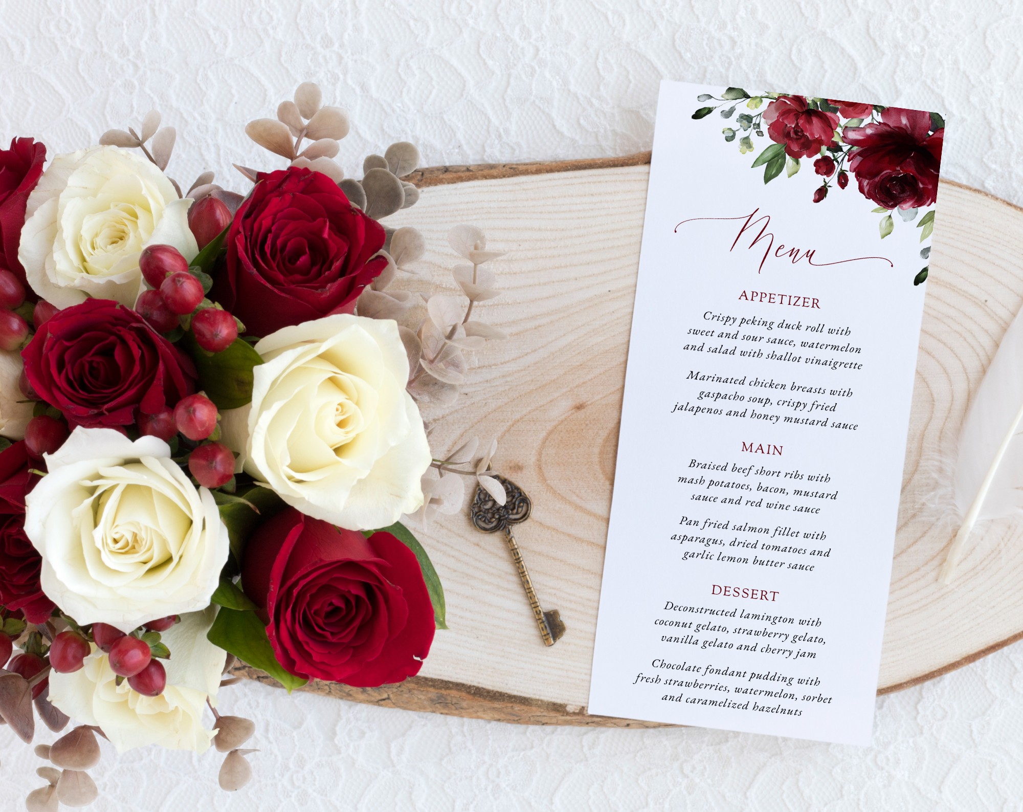 Burgundy Flowers Menu, Bridal Shower Stationery, Printable File, Edit Yourself, SH13