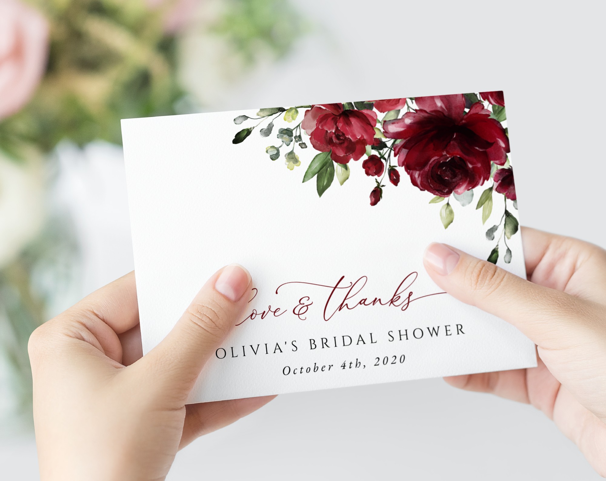 Burgundy Flowers Thank You Card, Bridal Shower Stationery, Printable File, Edit Yourself, SH13