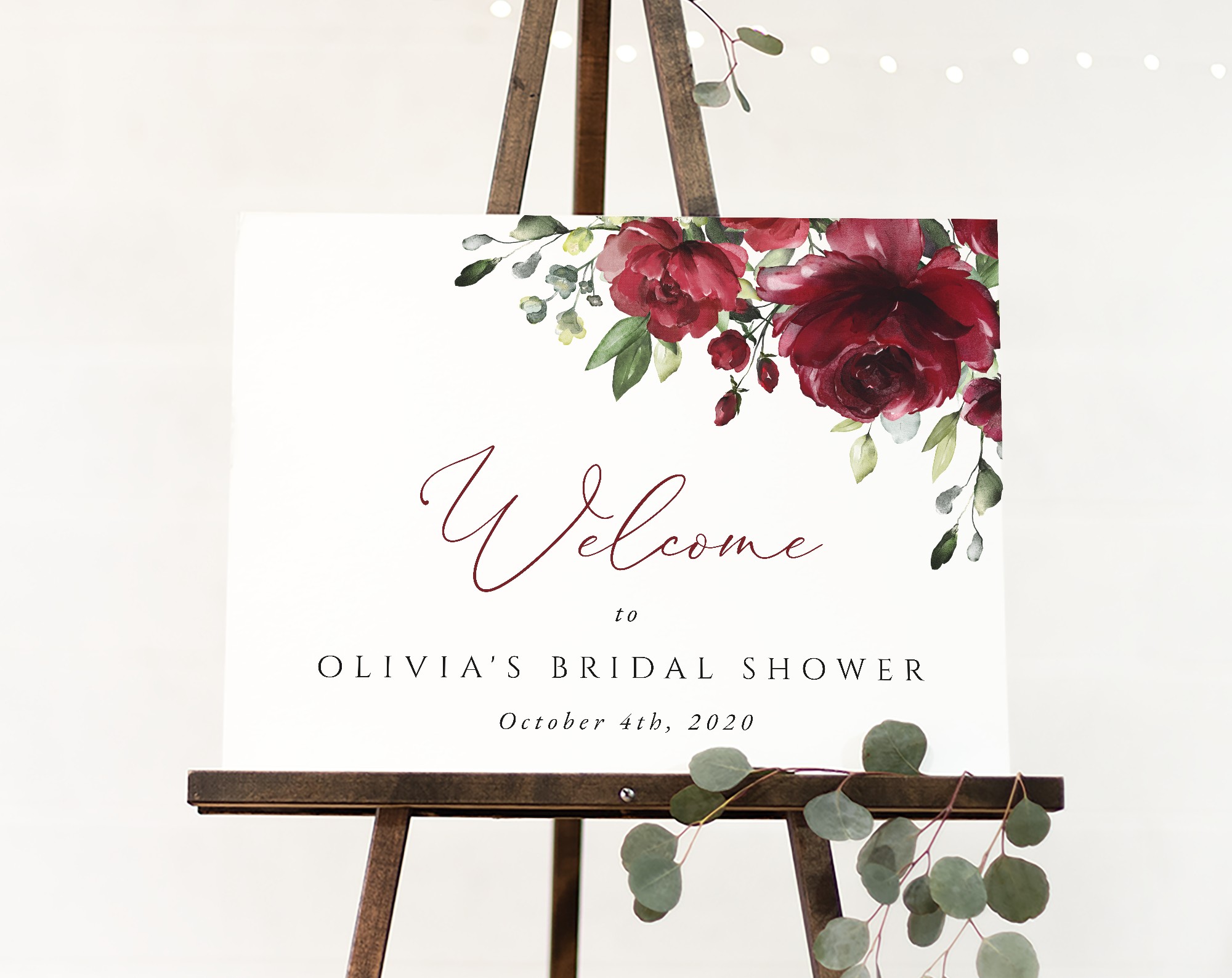 Burgundy Flowers Welcome Sign, Bridal Shower Sign, Printable File, Edit Yourself, SH13