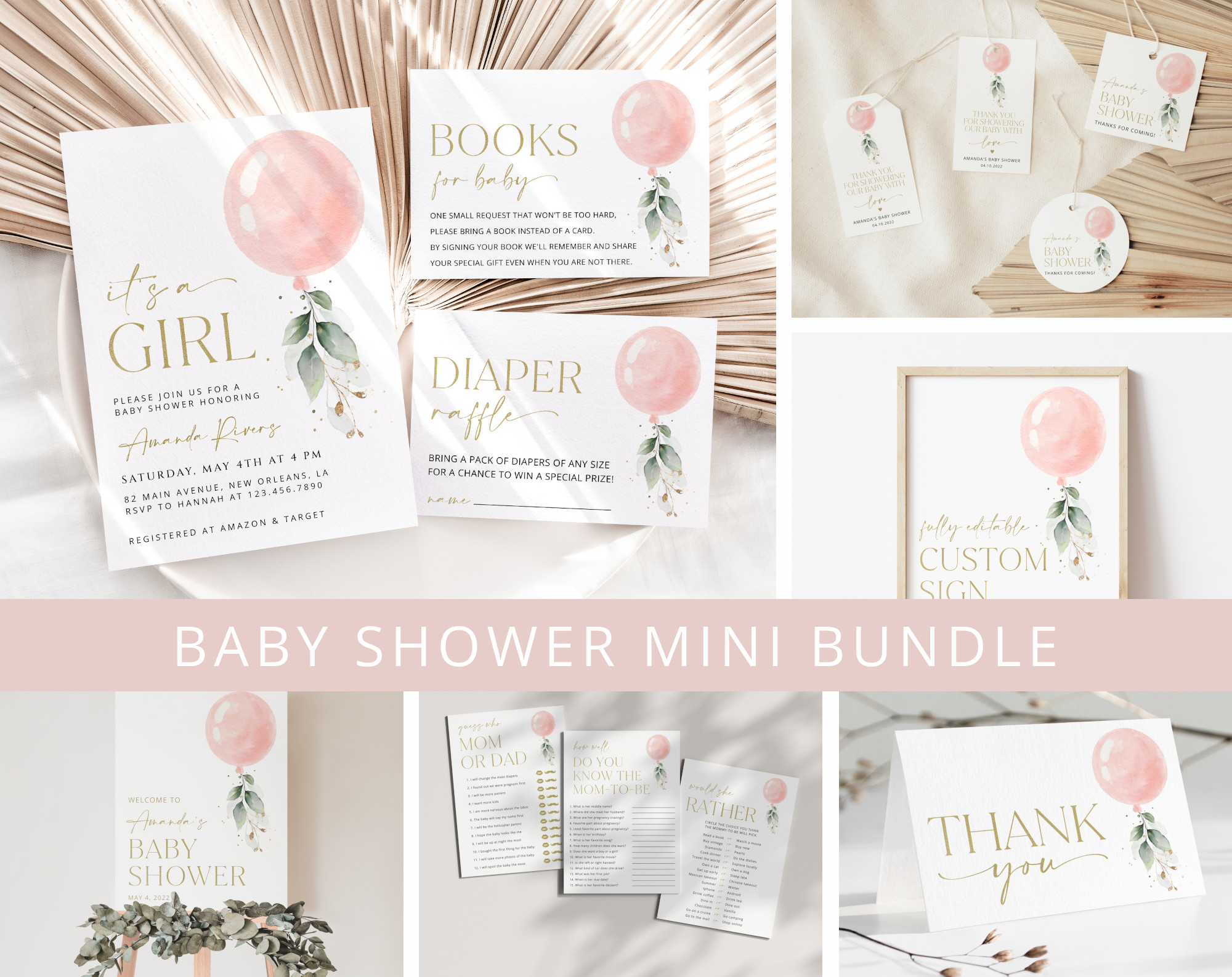 Pink Balloon Baby Shower Mini Bundle, Girl Baby Shower, Printable File, Edit Yourself, SH14 Pink Balloon Baby Shower Mini Bundle, Girl Baby Shower, Printable File, Edit Yourself, SH14