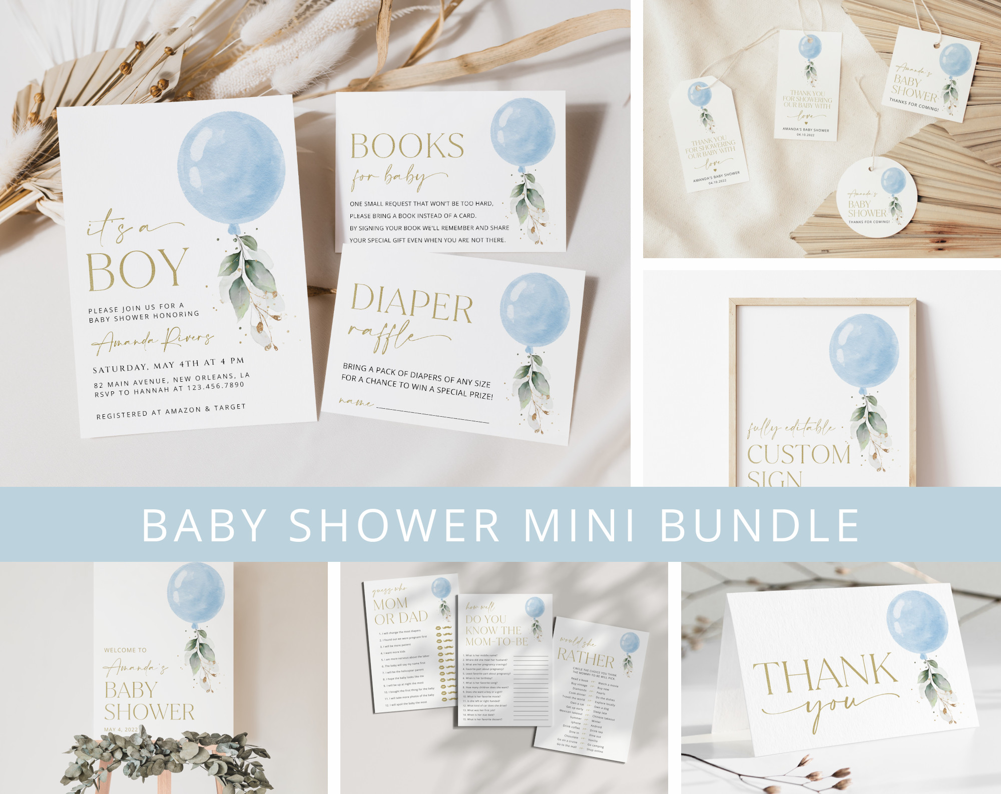 Blue Balloon Baby Shower Mini Bundle, Boy Baby Shower, Printable File, Edit Yourself, SH15