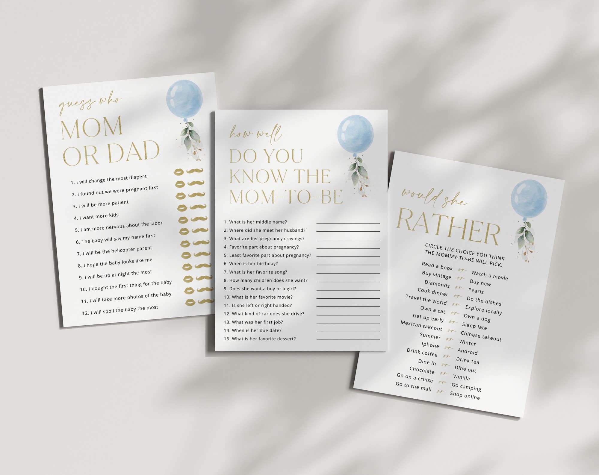 Blue Balloon Baby Shower Games, Set of 3 Games, Boy Baby Shower, Printable File, Edit Yourself, SH15