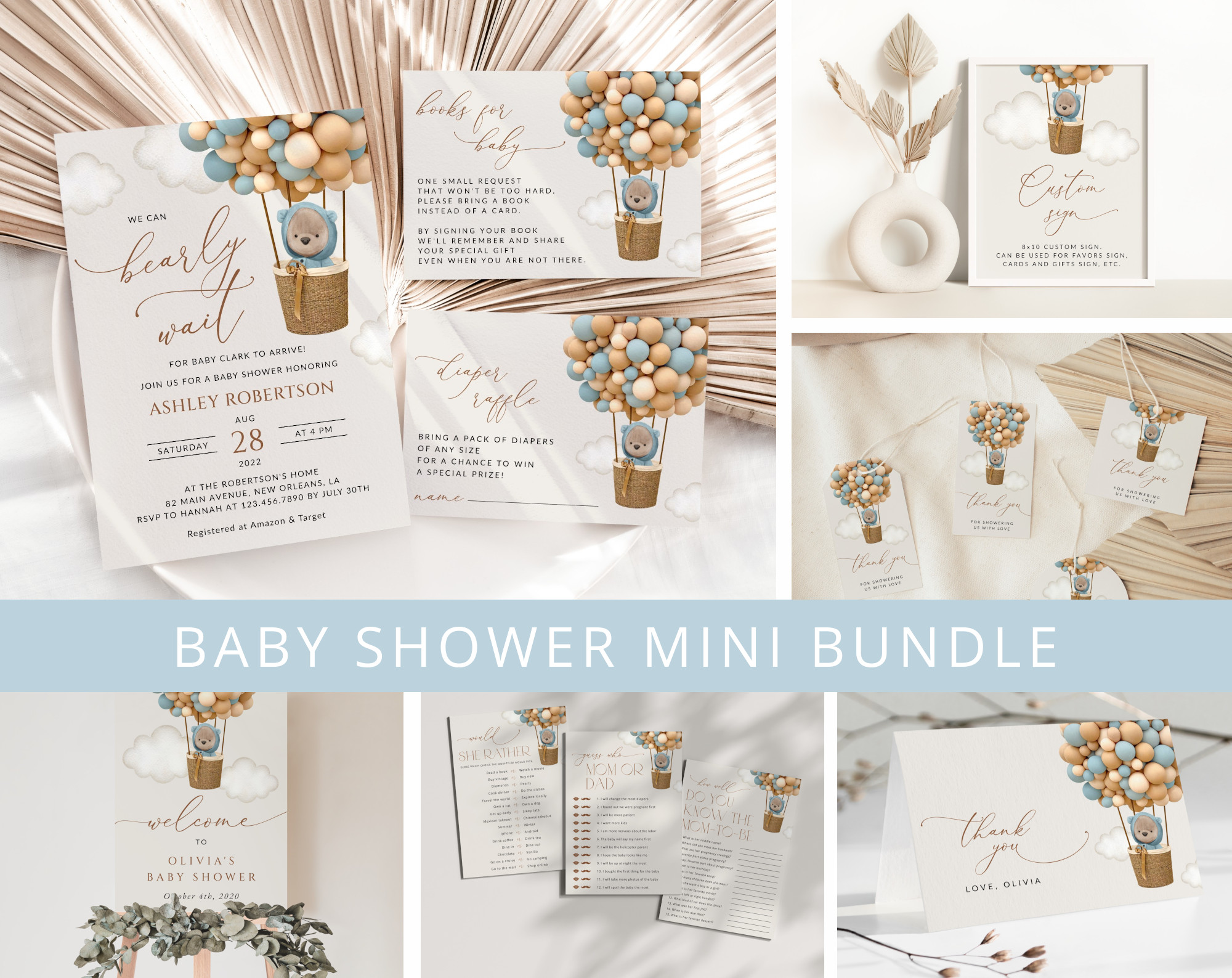 Bear and Blue Balloons Baby Shower Mini Bundle, Boy Baby Shower, Printable File, Edit Yourself, SH17