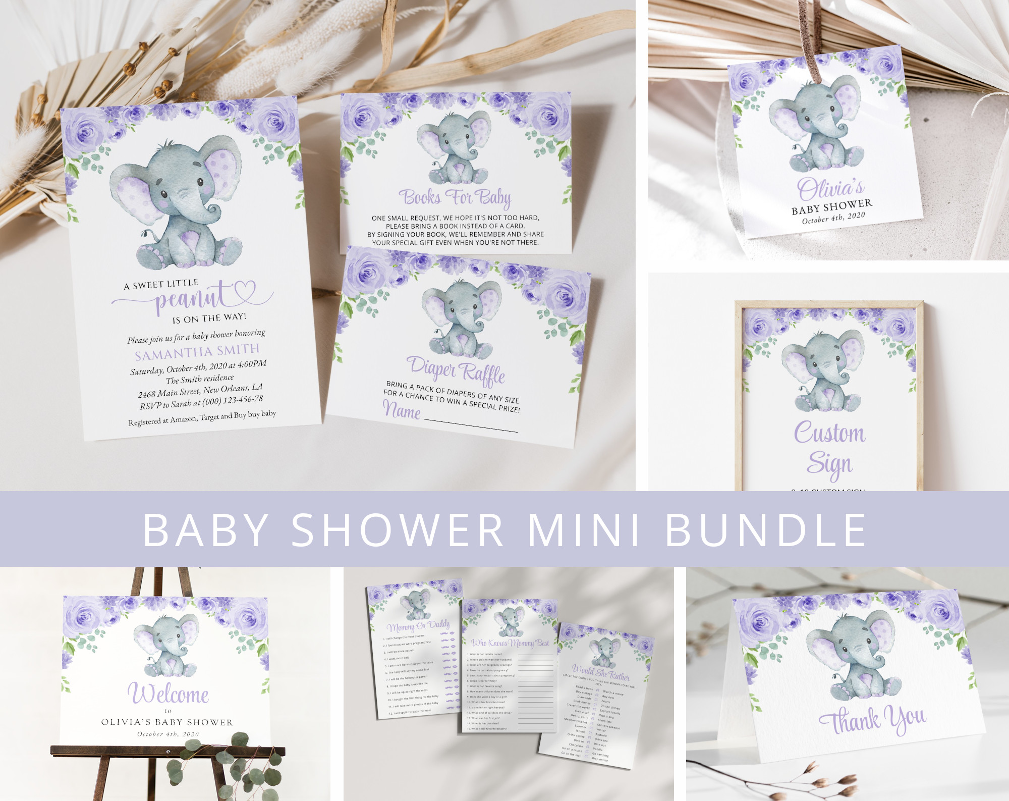 Cute Elephant Baby Shower Mini Bundle, Girl Baby Shower, Printable File, Edit Yourself, SH18