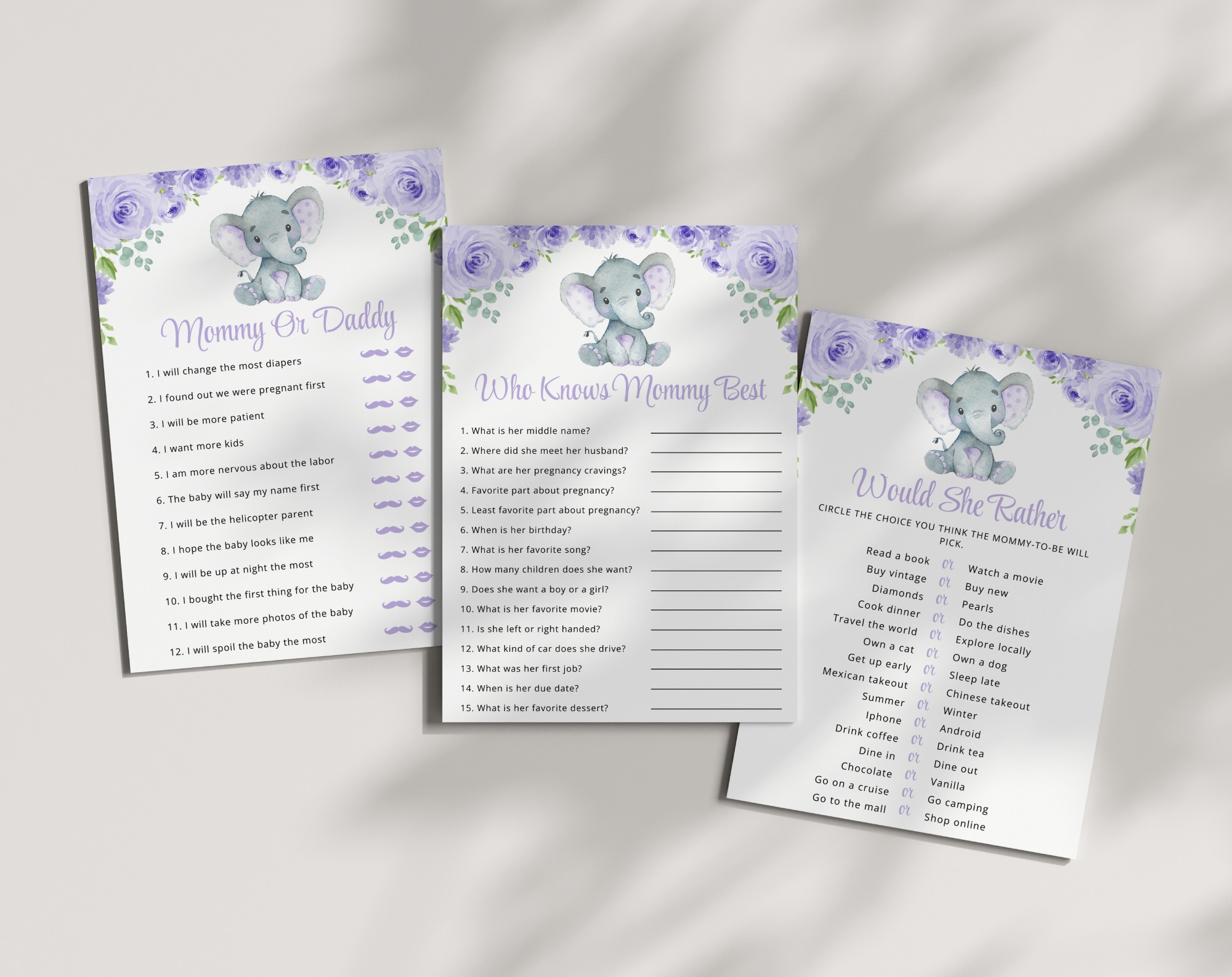 Cute Elephant Baby Shower Games, Set of 3 Games, Girl Baby Shower, Printable File, Edit Yourself, SH18 Cute Elephant Baby Shower Games, Set of 3 Games, Girl Baby Shower, Printable File, Edit Yourself, SH18