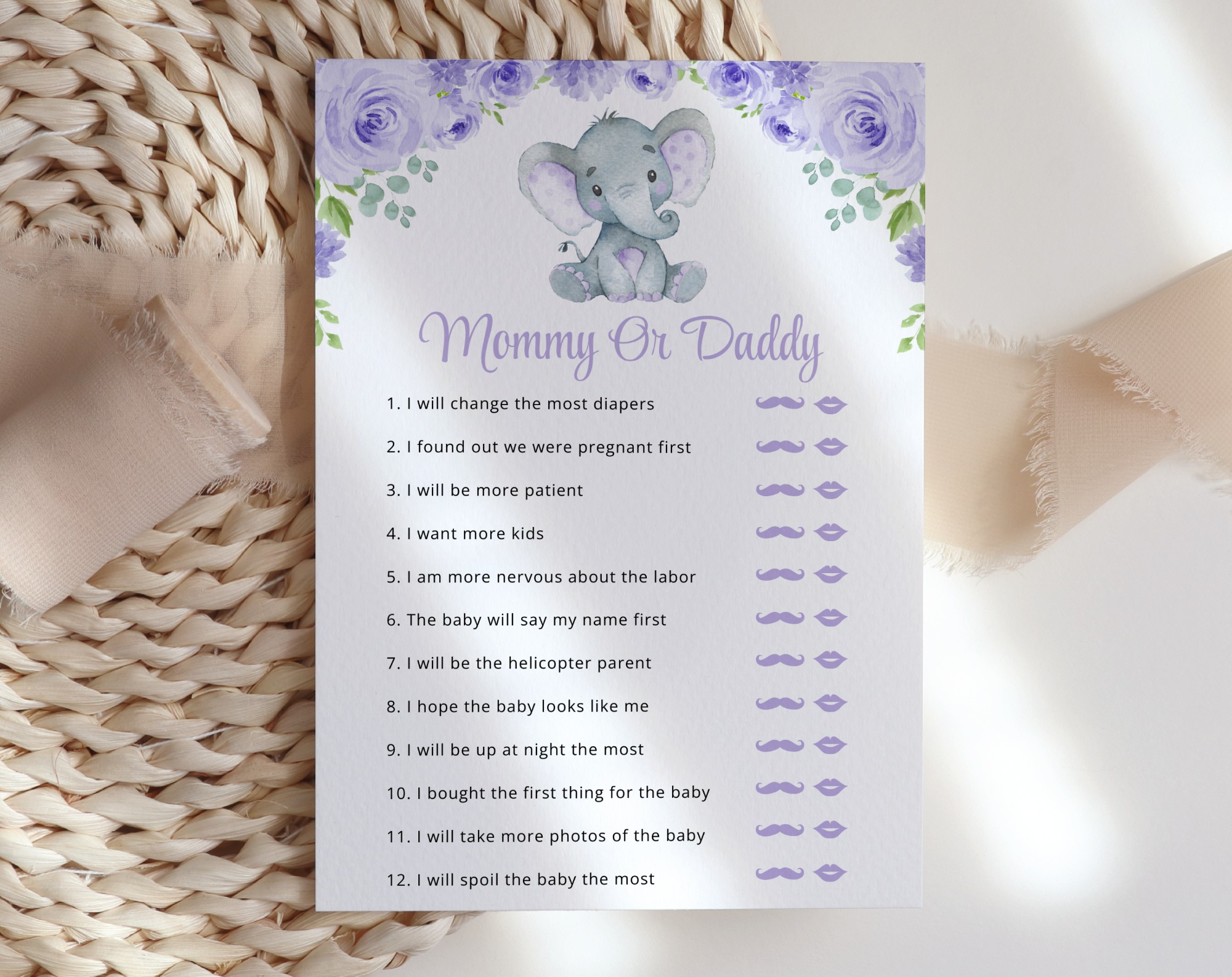 Cute Elephant Baby Shower Games, Set of 3 Games, Girl Baby Shower, Printable File, Edit Yourself, SH18