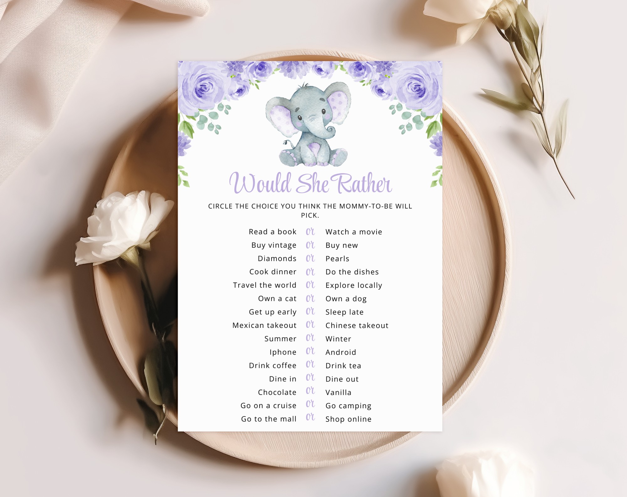 Cute Elephant Baby Shower Games, Set of 3 Games, Girl Baby Shower, Printable File, Edit Yourself, SH18